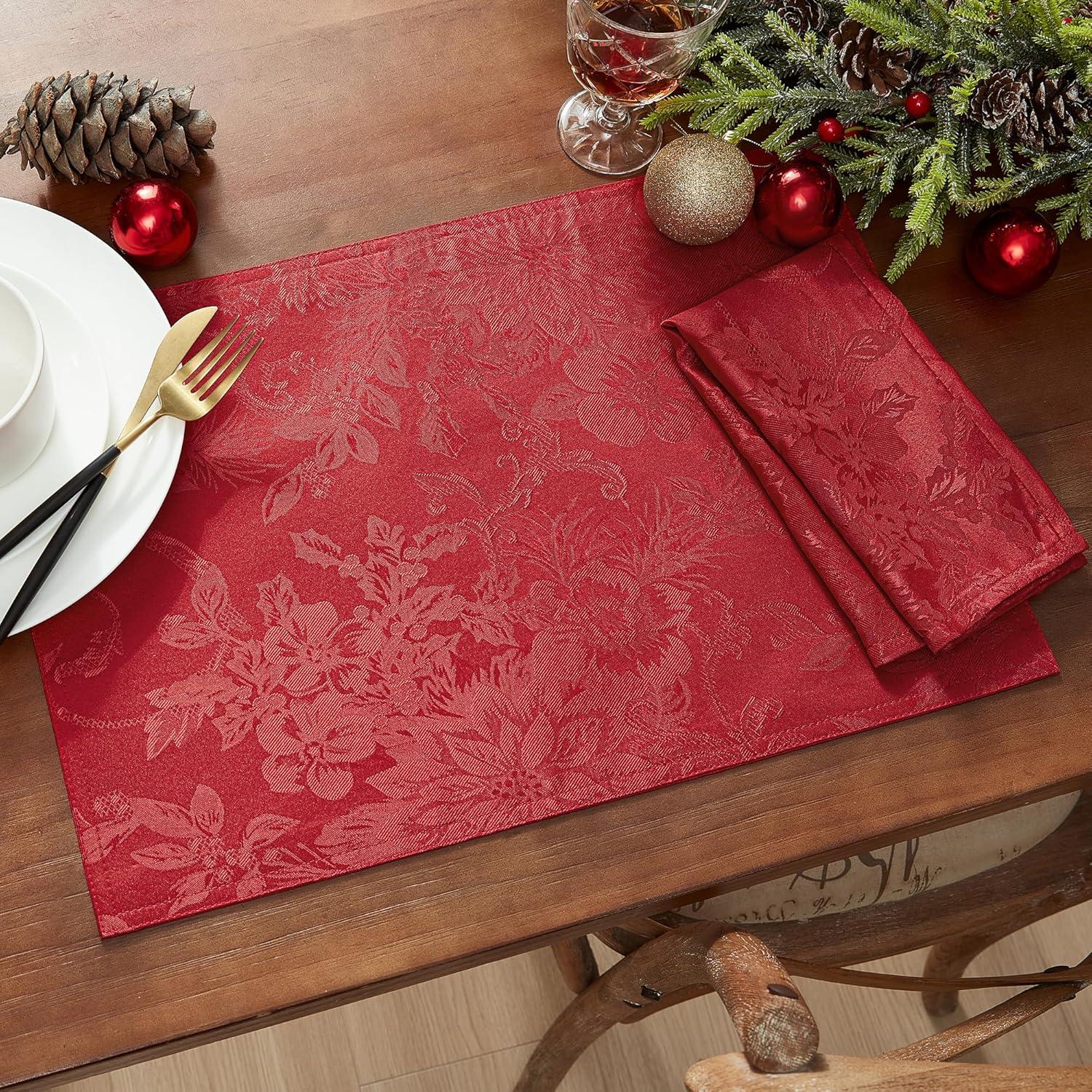 Elrene Poinsettia Elegance Jacquard Holiday Placemat - 13" x 19" - Elrene Home Fashions