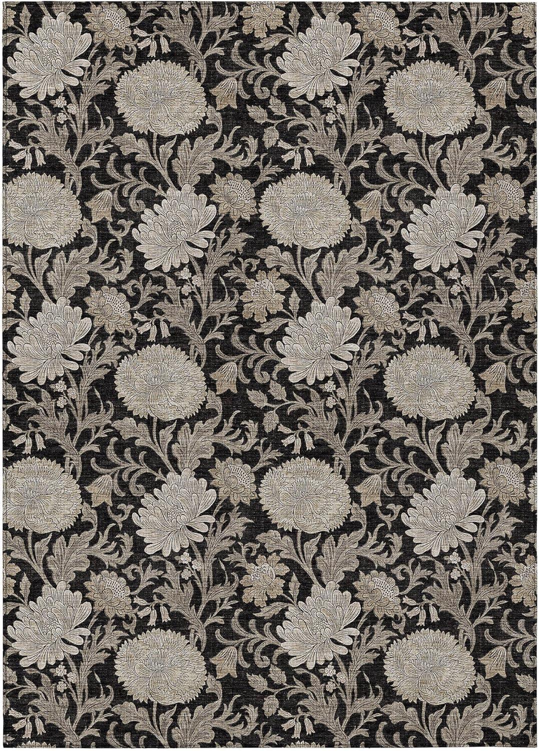 Black Floral Synthetic 5' x 7' Washable Area Rug