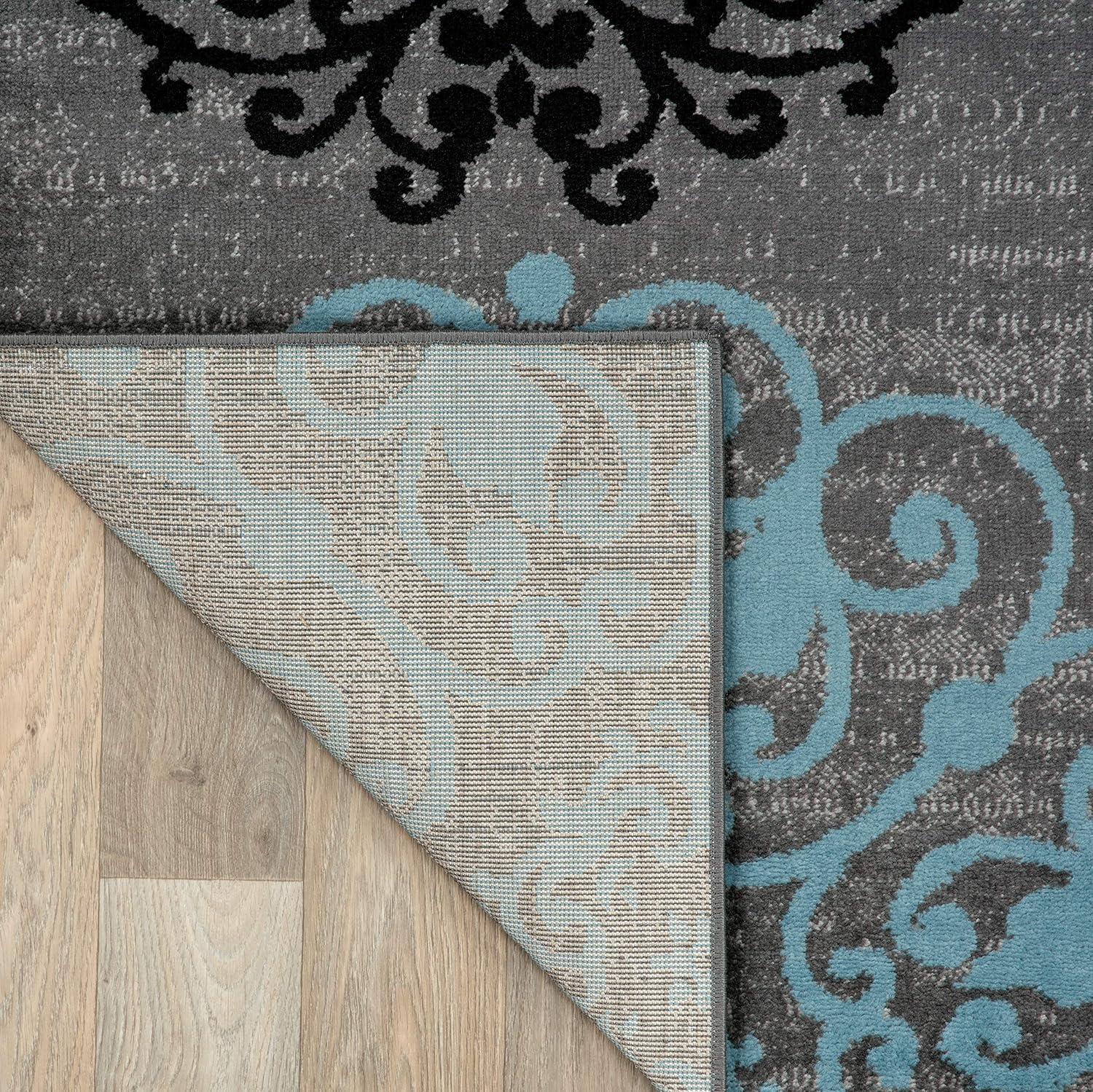 Gray and Blue Floral Synthetic Low Pile Area Rug