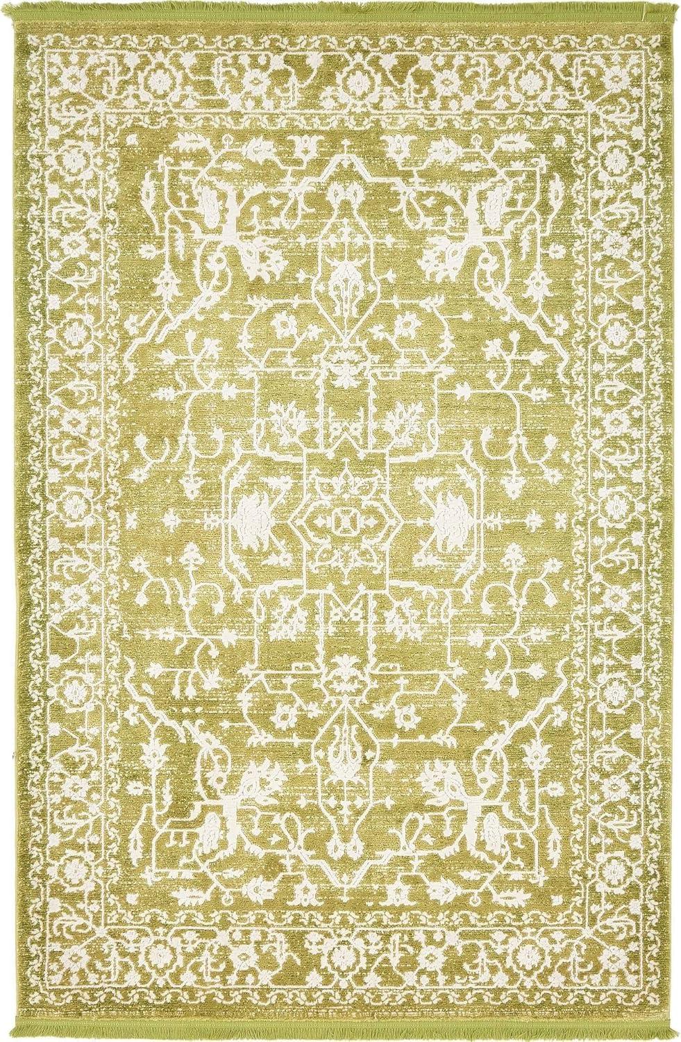 Light Green and Ivory Abstract Viscose Area Rug, 4' x 6'