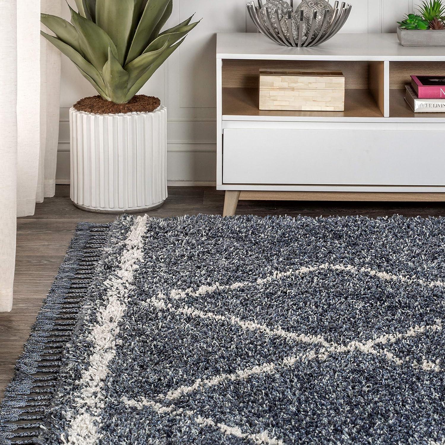 4'x6' Mercer Shag Plush Tassel Moroccan Geometric Trellis Area Rug, Cream/Grey - JONATHAN Y