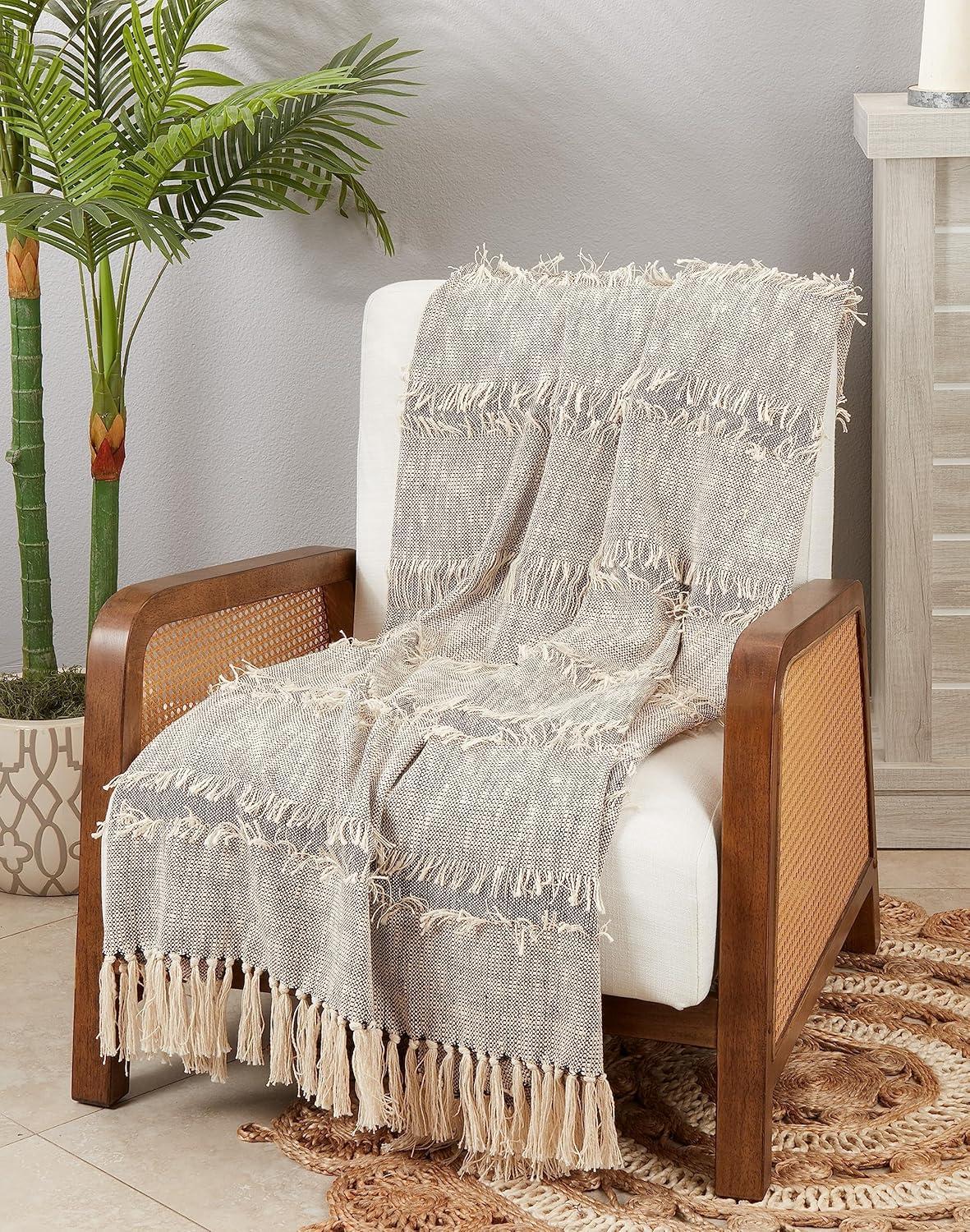 50"x60" Bohemian Bliss Textured Striped Fringe Throw Blanket Gray - Saro Lifestyle: Cotton, Machine Washable