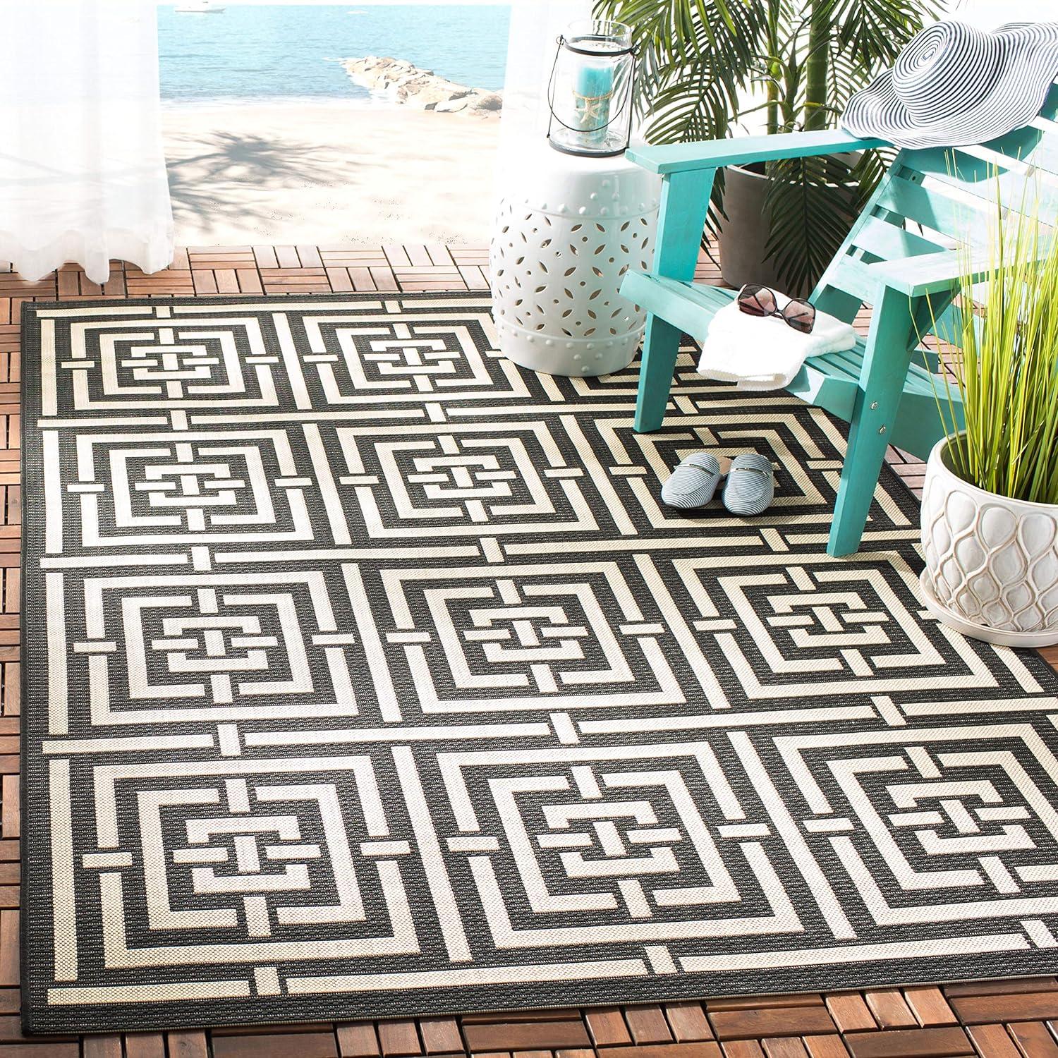 Black and Bone Geometric Indoor/Outdoor Area Rug, 2'7" x 5'