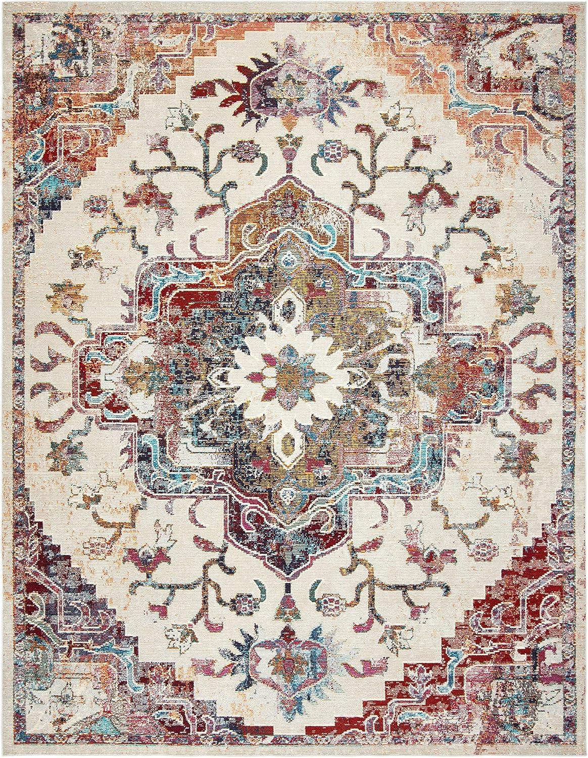 Light Blue & Burgundy Oriental Distressed 10' x 14' Synthetic Area Rug