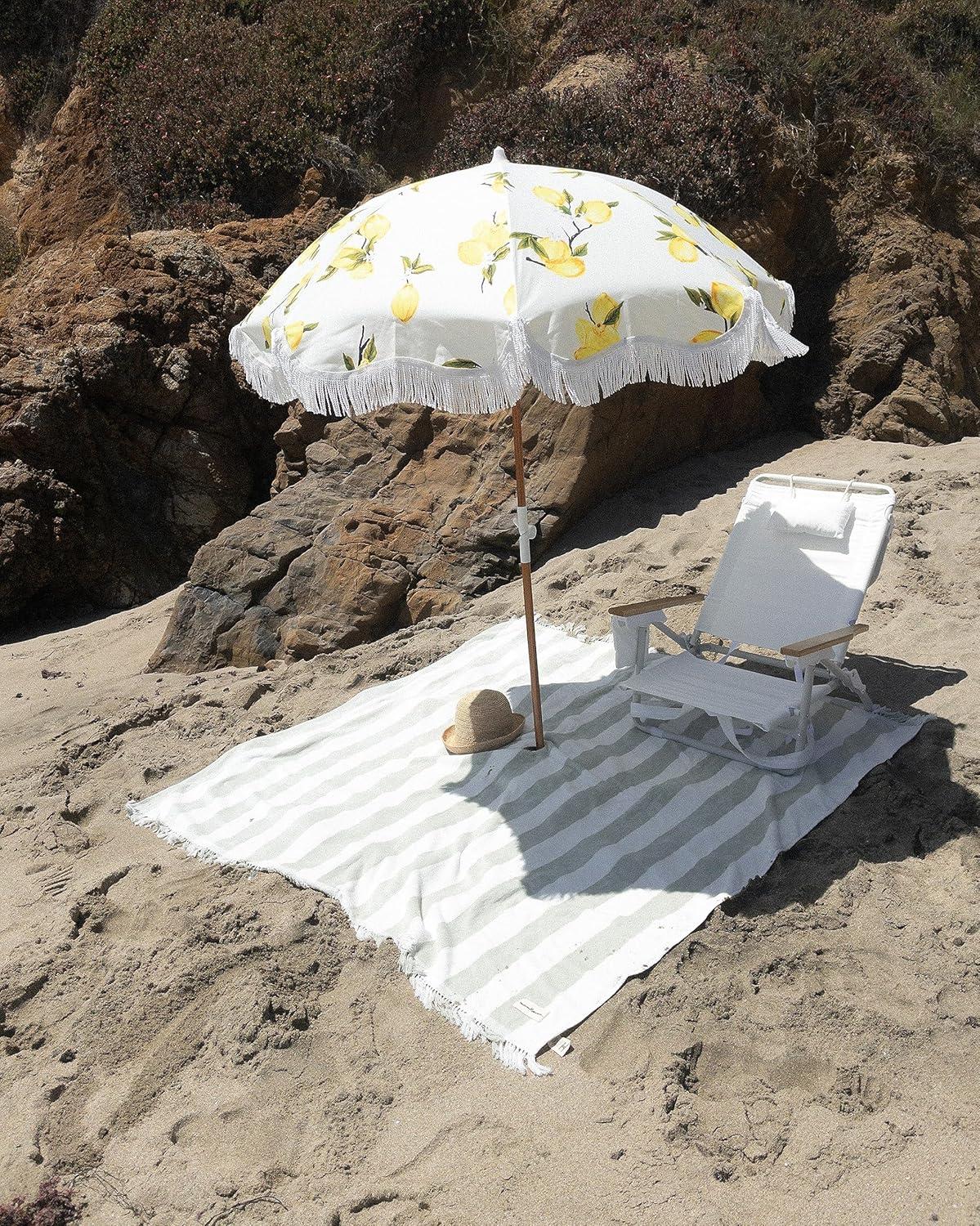 Vintage Lemons Beach Umbrella with White Fringe and Reclaimed Timber Pole