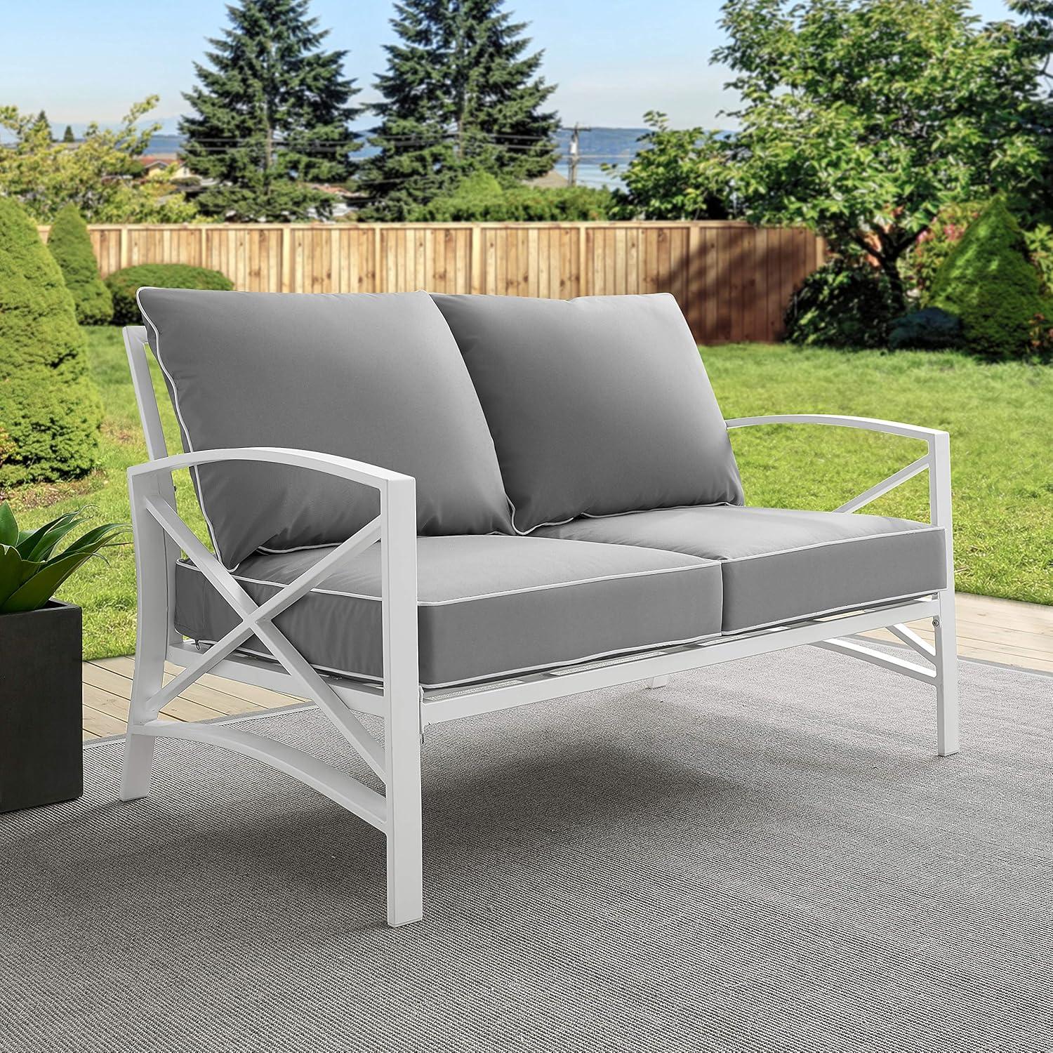 Gray and White Steel Outdoor Loveseat with Cushions