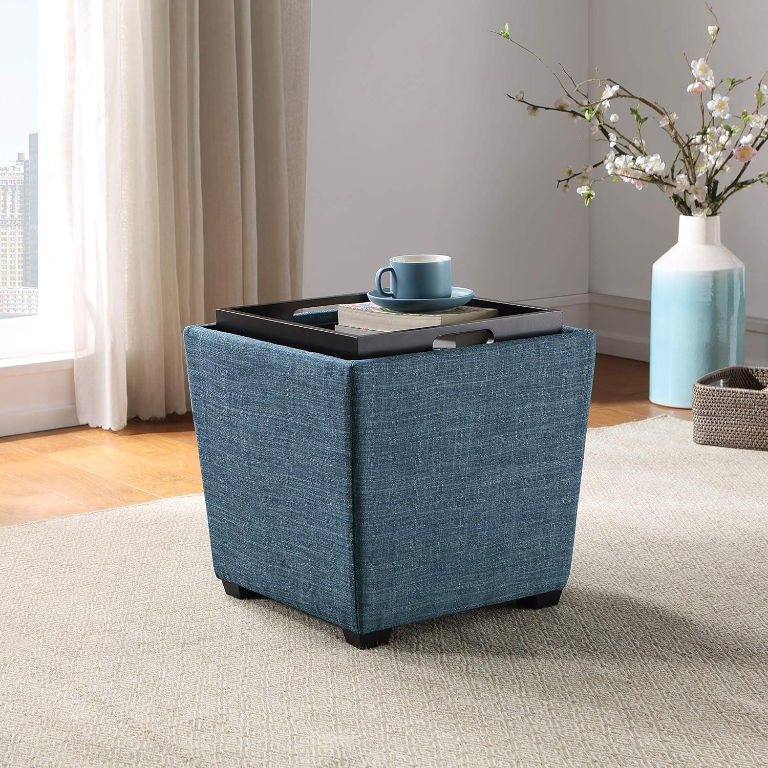 Rockford Blue Fabric Tufted Storage Ottoman with Tray, 16.25"