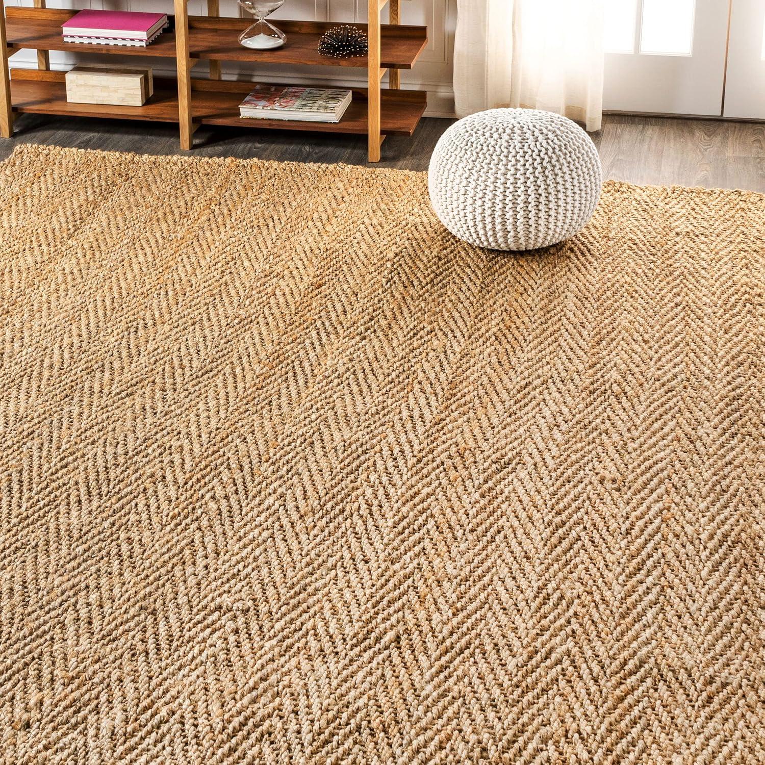 Ivory Herringbone Handwoven Jute 8' x 10' Reversible Area Rug