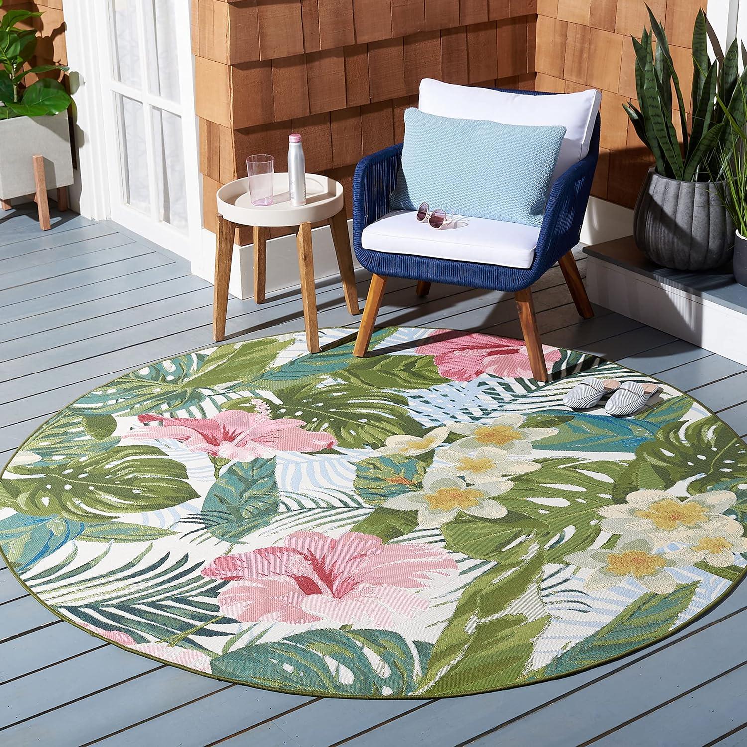 Barbados 500 BAR516 Power Loomed Indoor/Outdoor Area Rug - Green/Pink - 5'3" Round - Safavieh