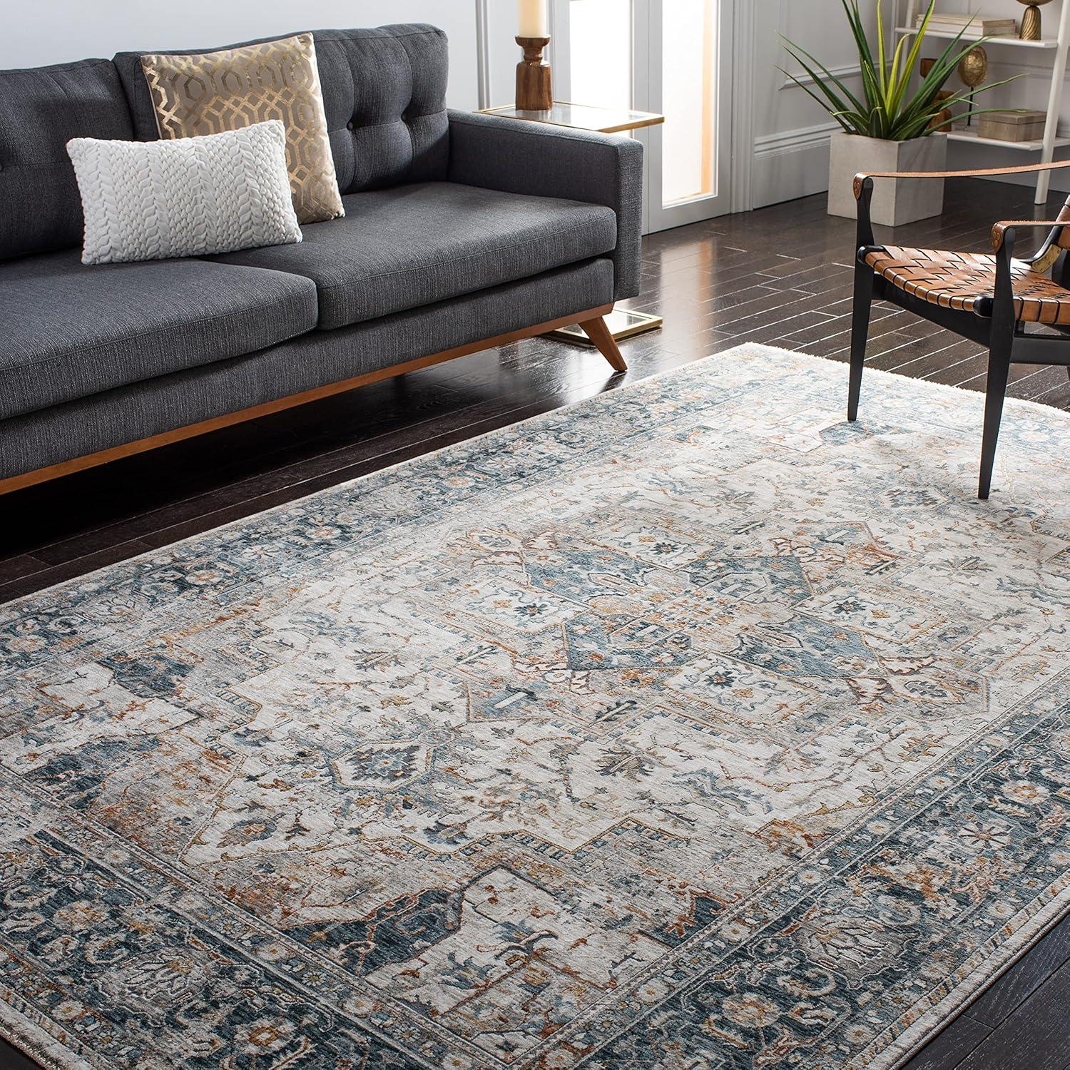 Ivory and Light Blue Square Hand-Knotted Wool Area Rug