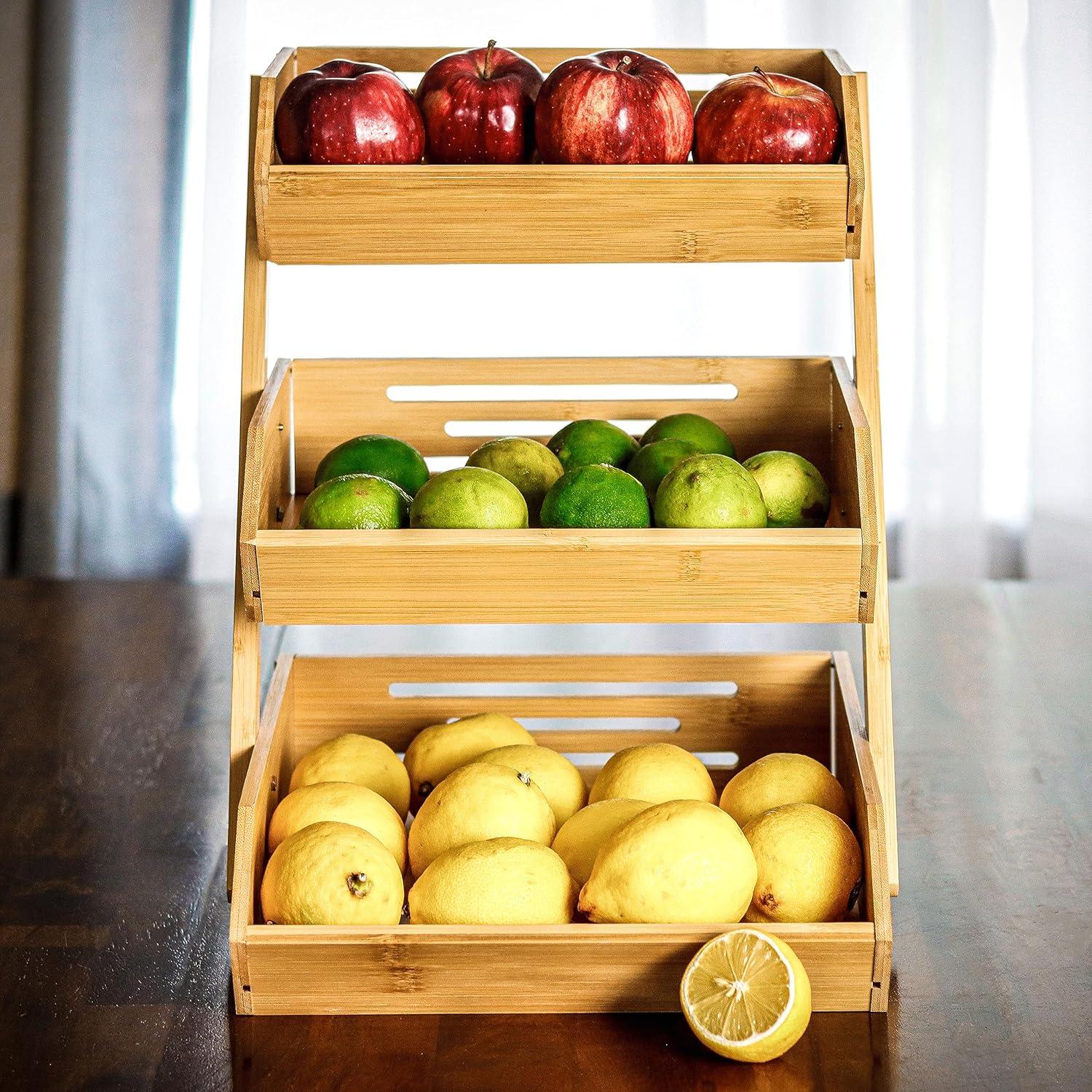 Bamboo 3 Tier Kitchen Counter Fruit & Vegetable Organizer Basket Stand