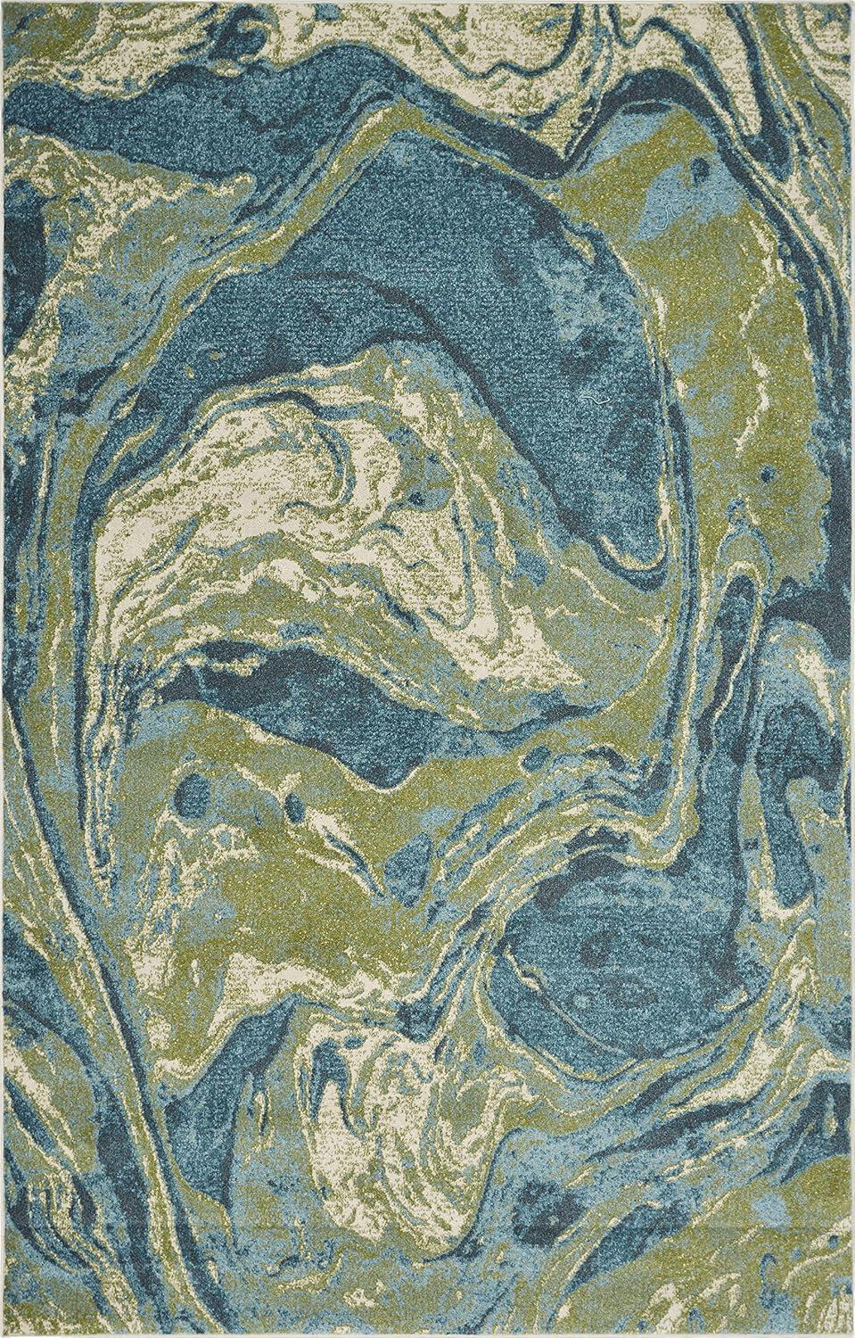 Small Blue Abstract Synthetic Stain-Resistant Rug