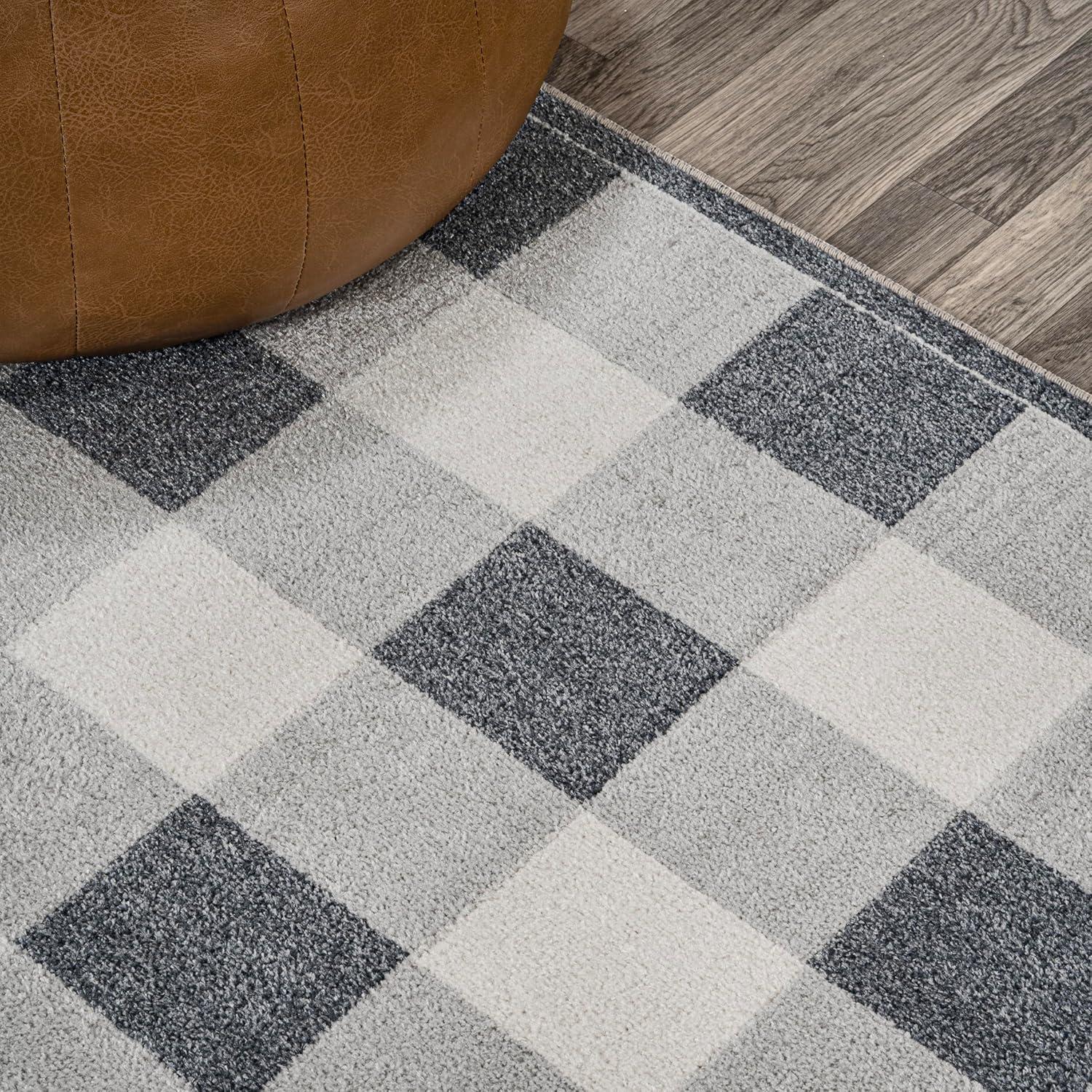 Gray Gradient Plaid Washable Synthetic Area Rug, 3 x 5