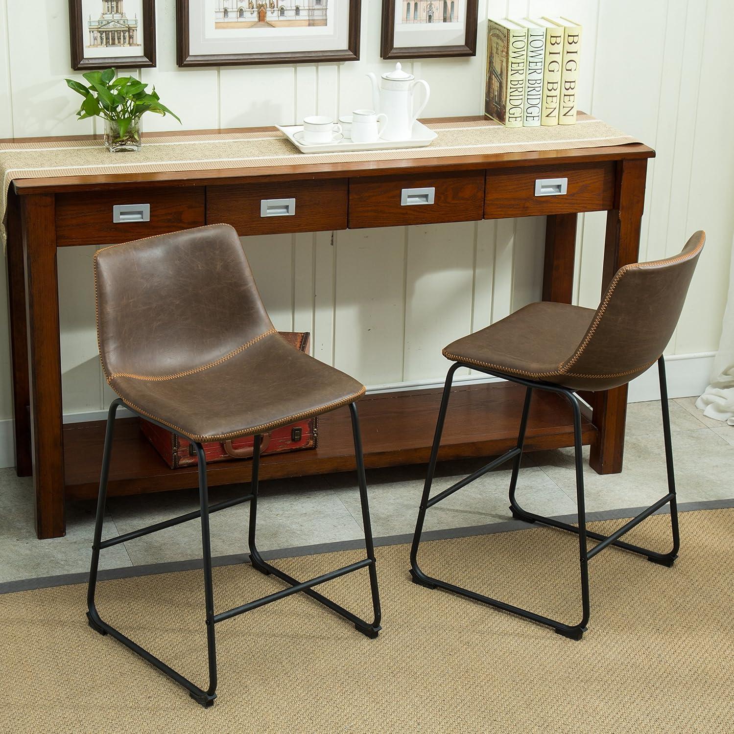 Roundhill Furniture Lotusville Vintage PU Leather Barstools, Antique Brown, Set of 2