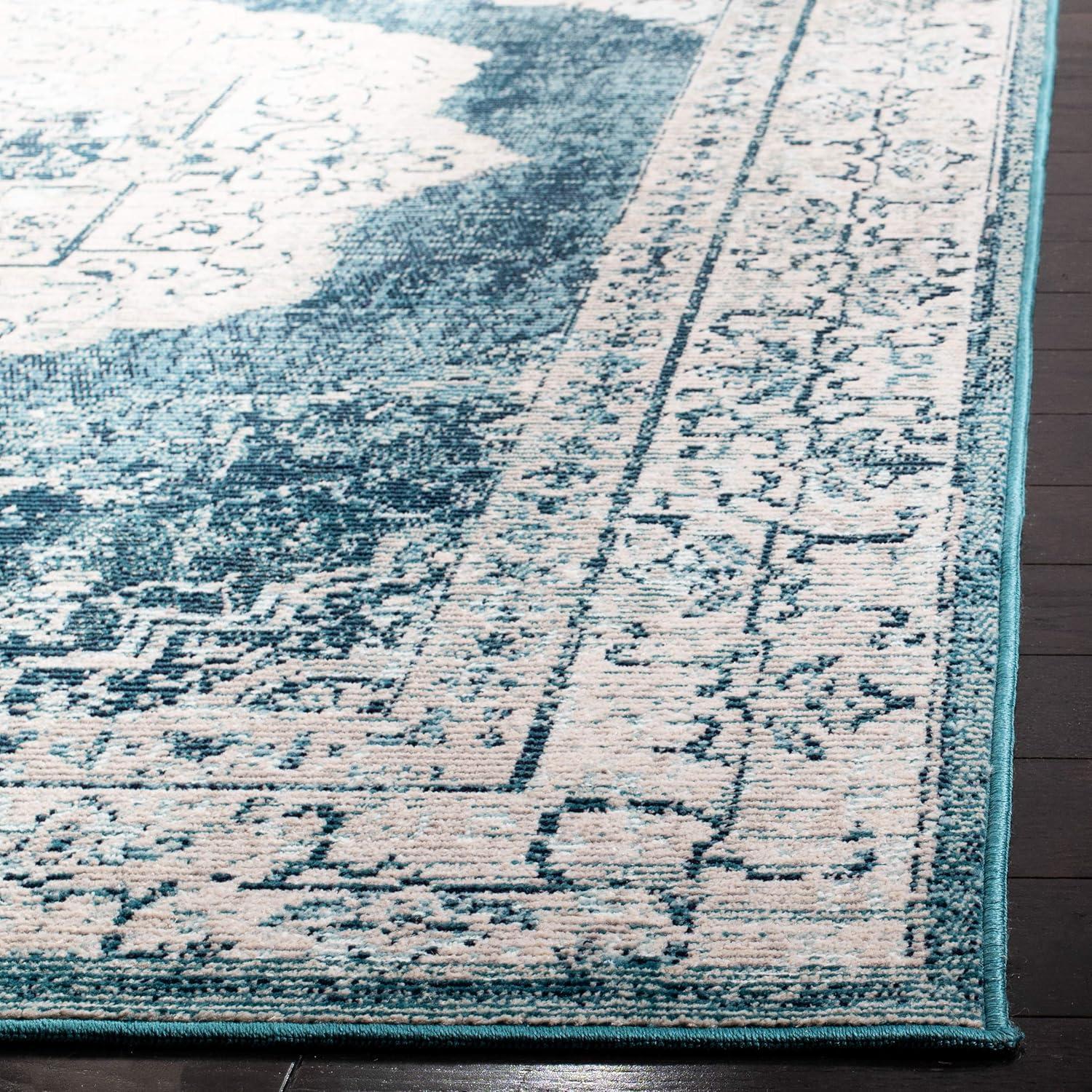 Reversible Synthetic Blue & Beige Medallion 4' x 6' Area Rug