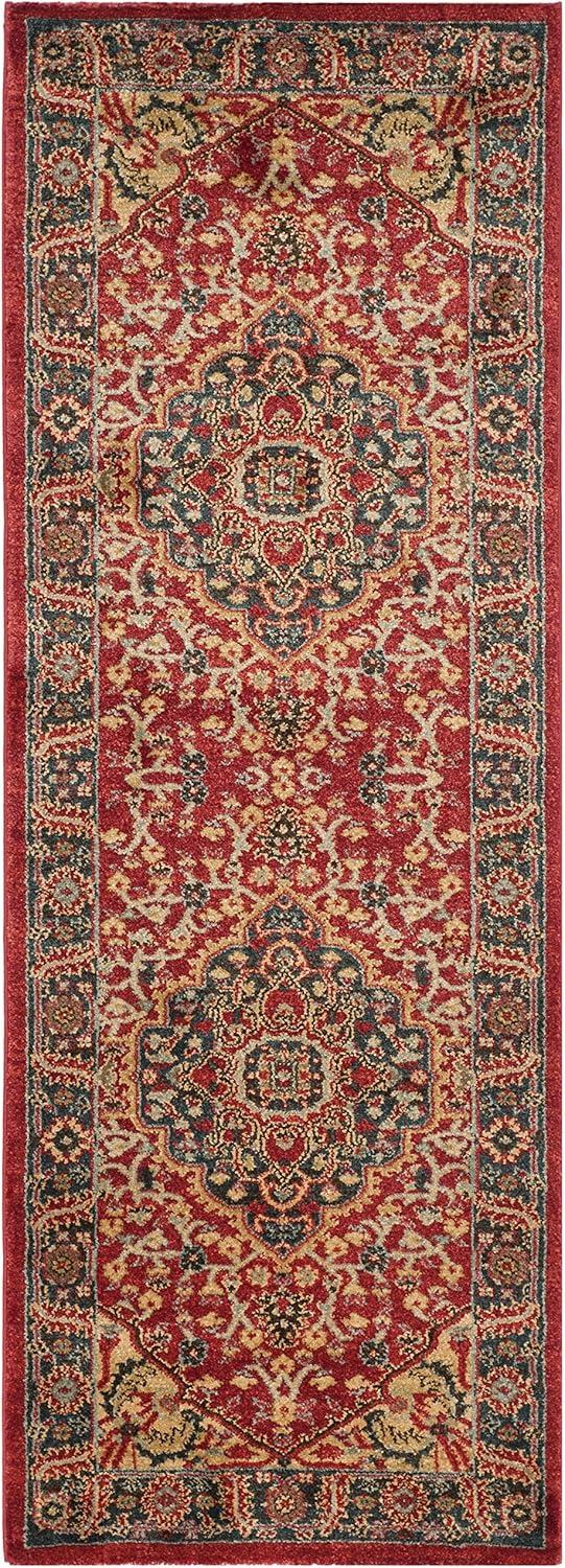 Red and Navy Traditional Synthetic Runner Rug