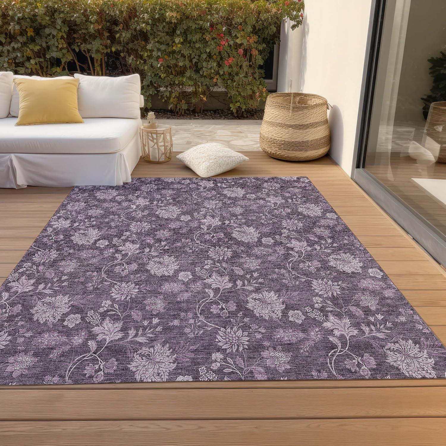 Plum Floral Rectangular Synthetic Indoor/Outdoor Area Rug