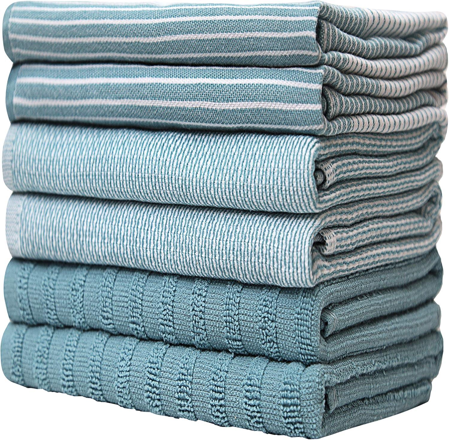 Premium Kitchen Towels (20”x 28”, 6 Pack) – Large Cotton Kitchen Hand Towels – Flat & Terry Towel – Highly Absorbent Tea Towels Set With Hanging Loop – Aqua