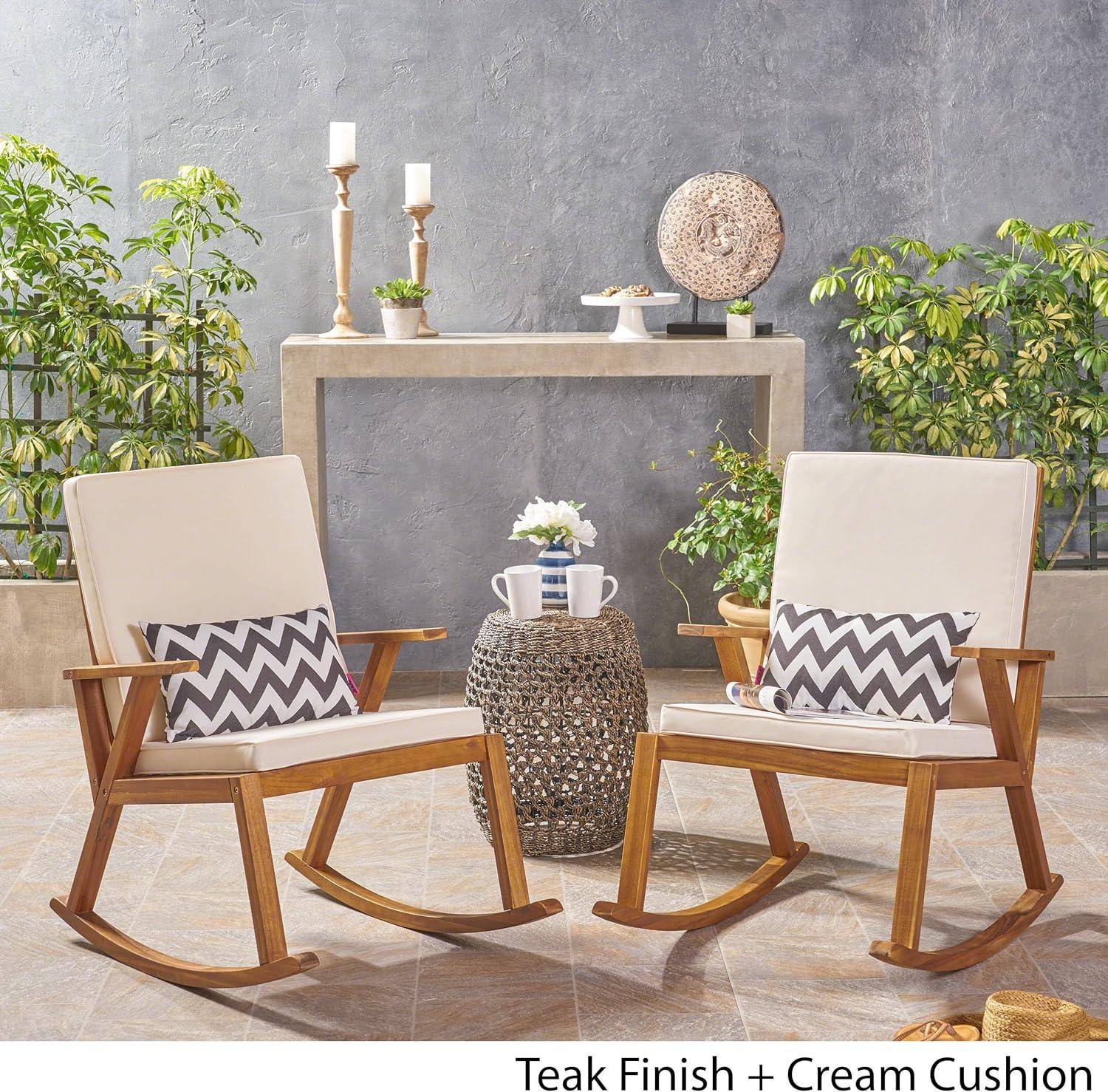 Teak Finish Acacia Wood Outdoor Rocking Chairs with Cream Cushions, Set of 2