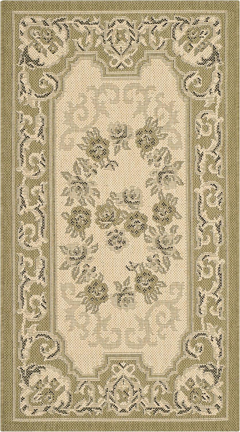 Green Floral Easy Care Rectangular Synthetic Rug