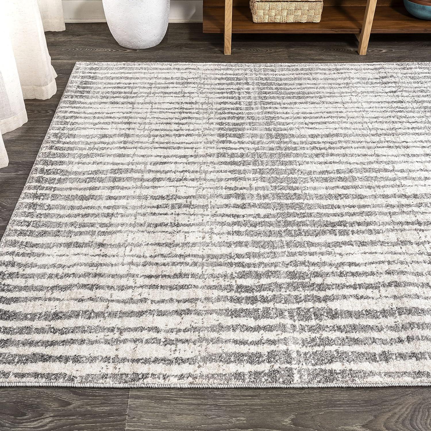 3'x5' Skoura Modern Bold Stripe Area Rug, Beige/Dark Gray - JONATHAN Y