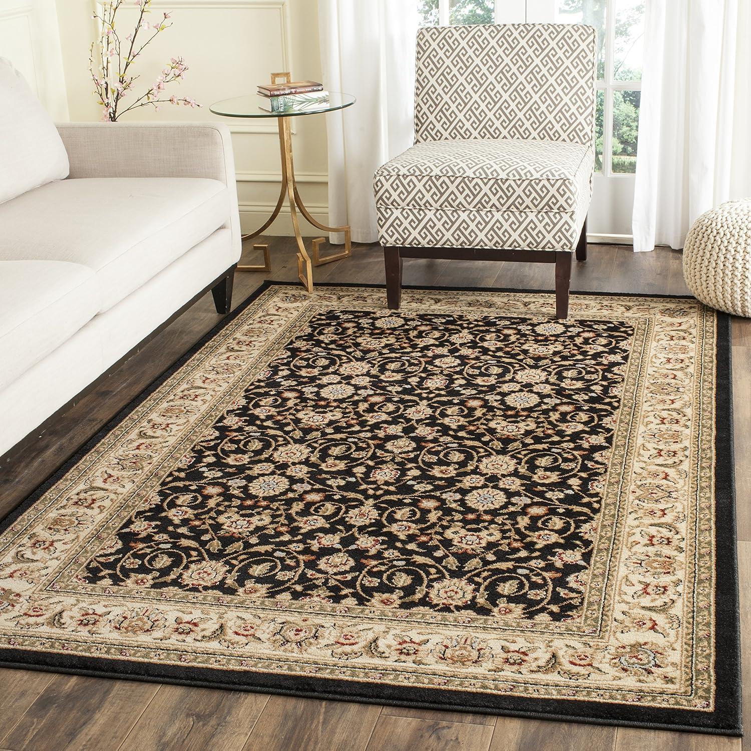 Black and Ivory Hand-Knotted Synthetic Floral Area Rug