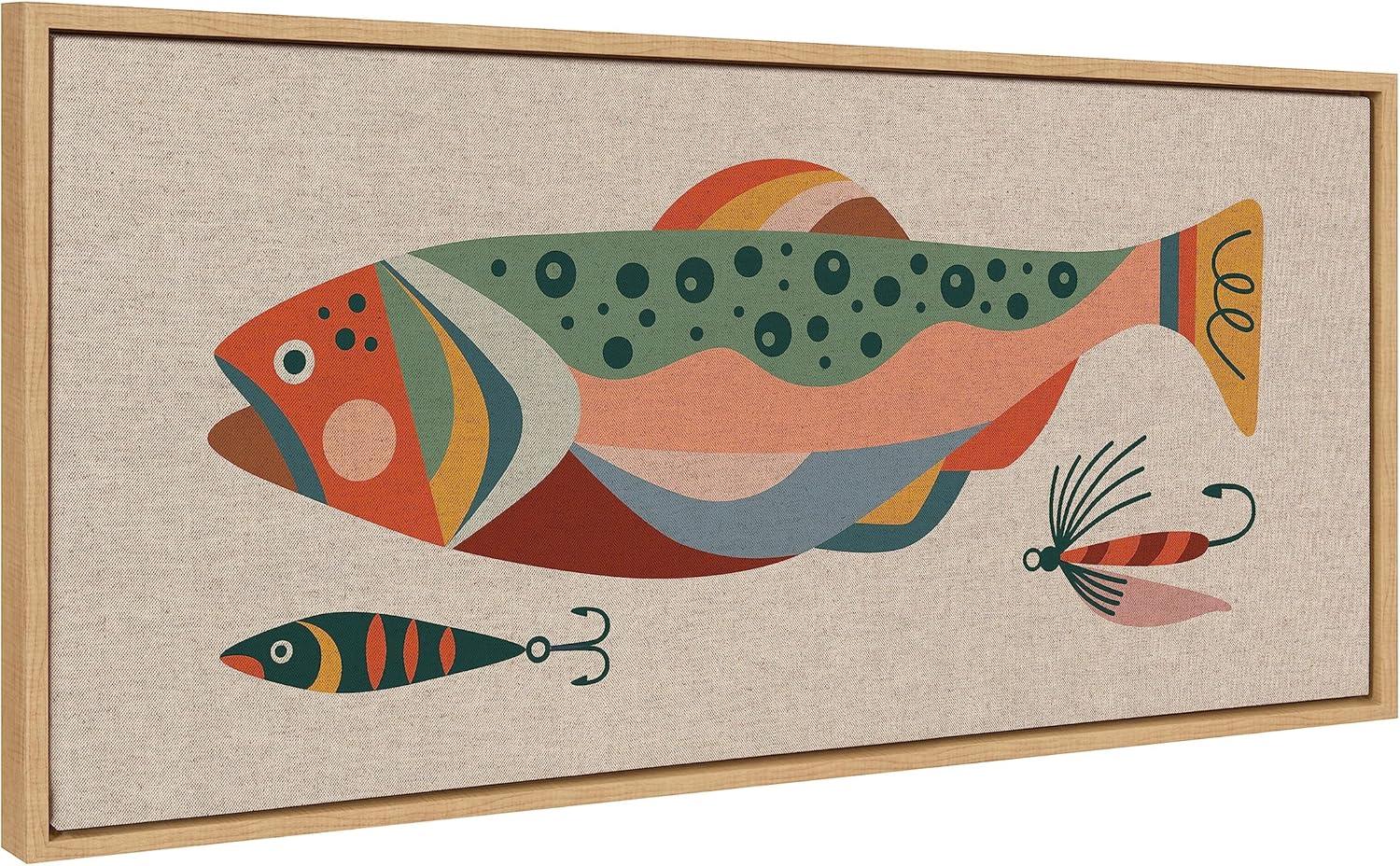 Kate and Laurel Sylvie Gone Fishing Neutral Linen Texture Framed Canvas Wall Art by Rachel Lee of My Dream Wall, 18x40 Natural, Bright Colorful Fish Art Print for Wall Decor