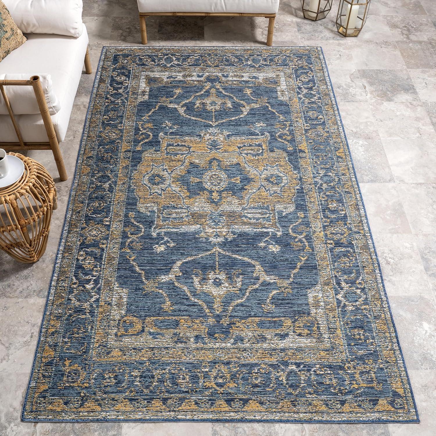 Blue and Yellow Reversible Medallion Synthetic Area Rug