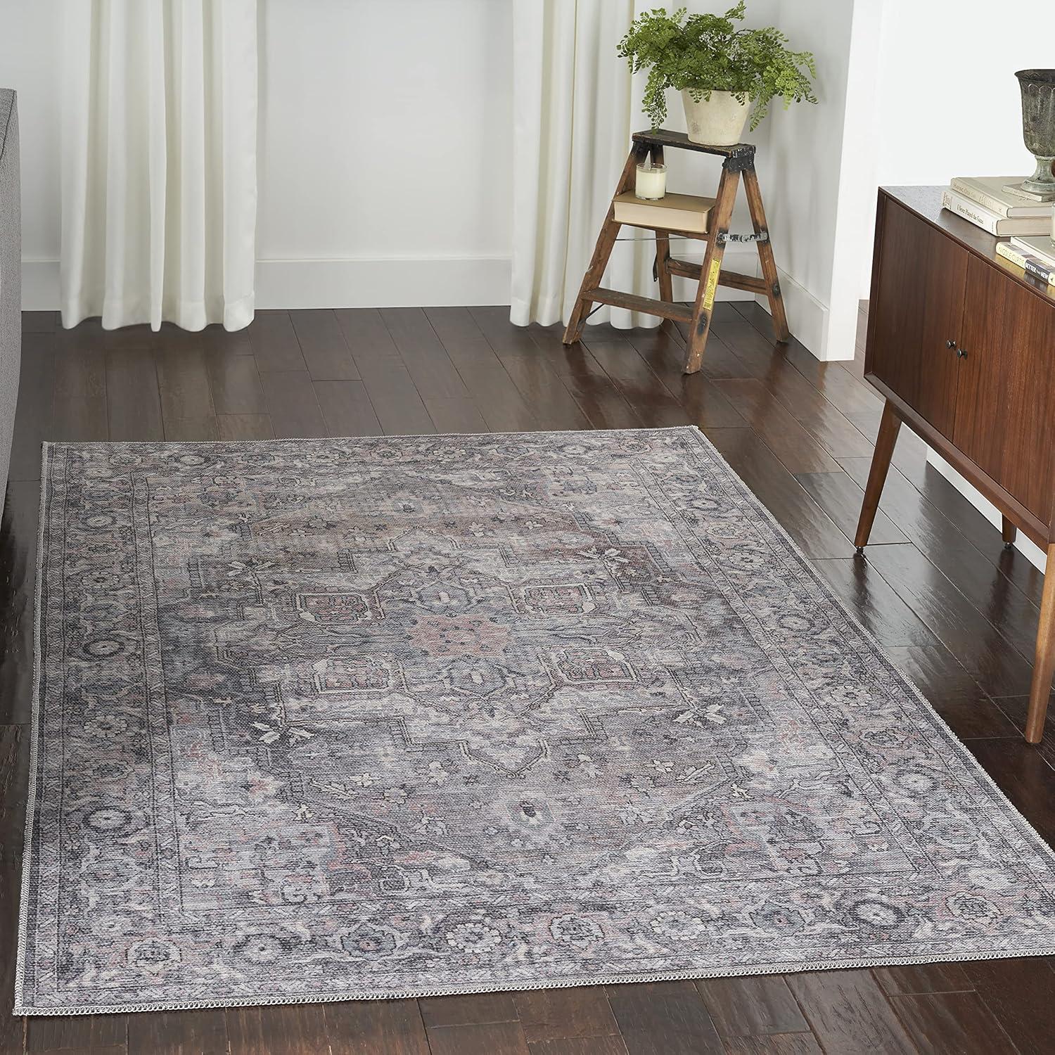 Nourison New Concept Washables Back to College 4' x 6' Grey Vintage Indoor Non-Slip Flatweave Rug