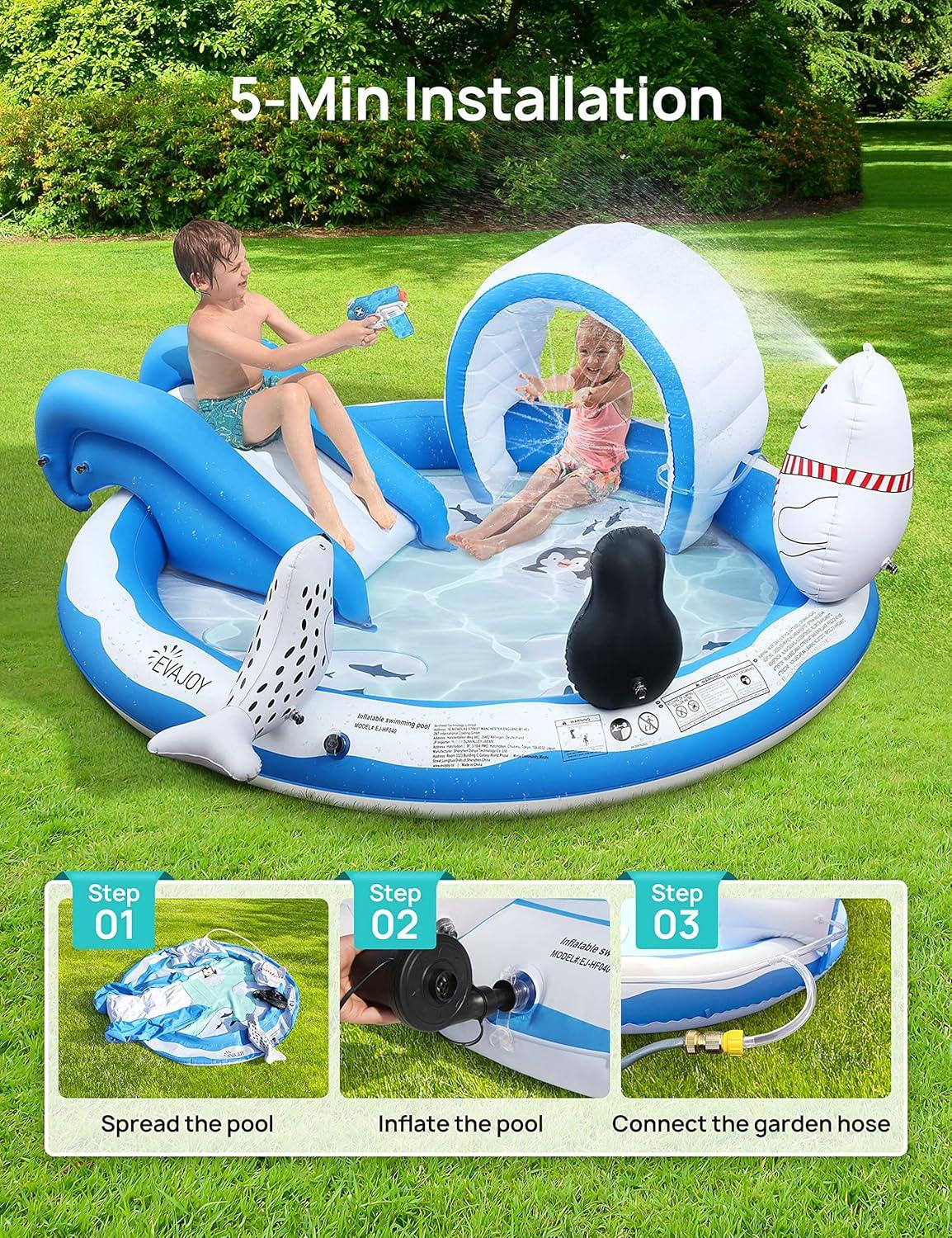 Blue Inflatable Kiddie Pool with Slide and Sprinkler