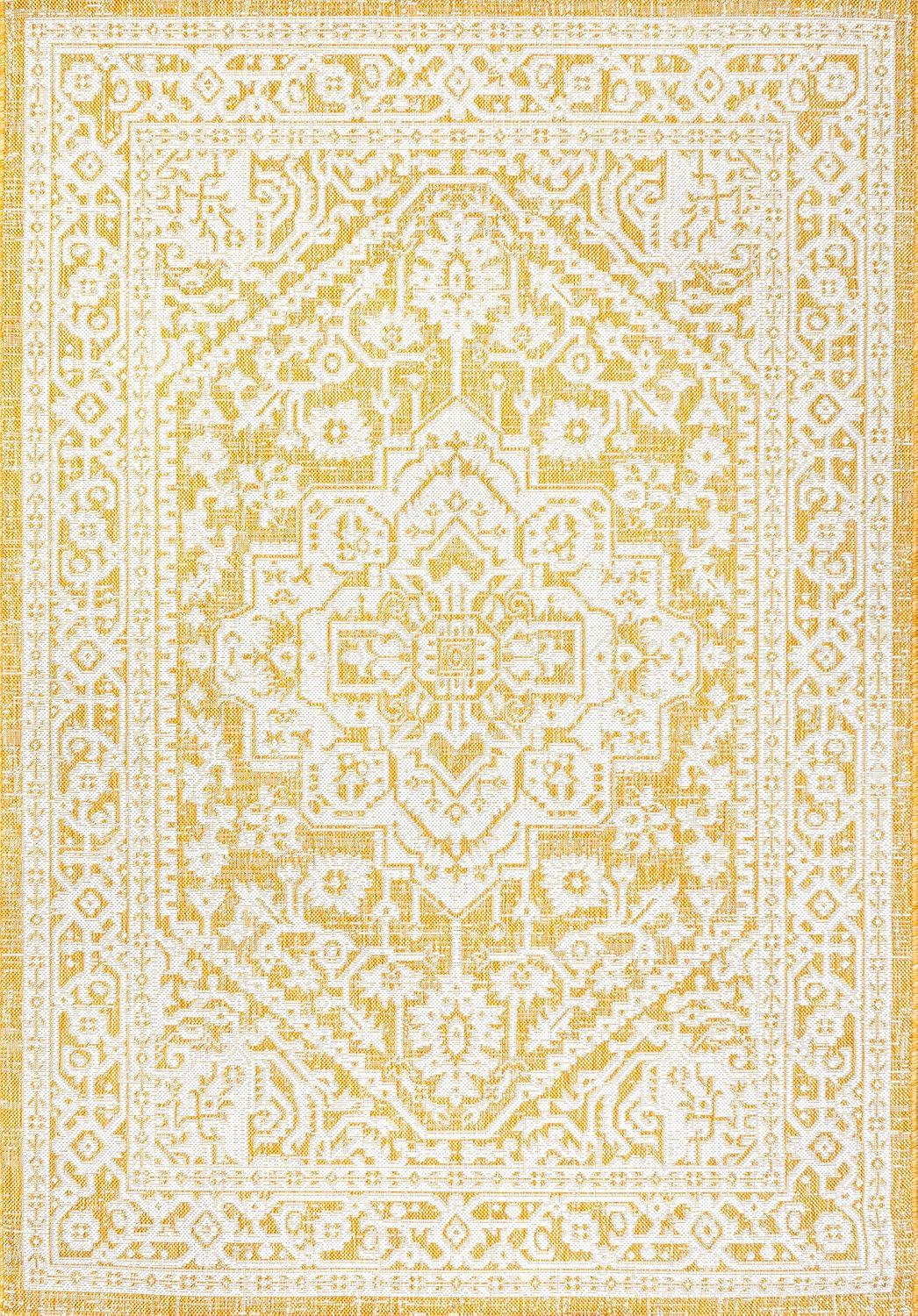 9' x 12' Sinjuri Medallion Textured Weave Indoor/Outdoor Area Rug, Yellow/Cream - JONATHAN Y