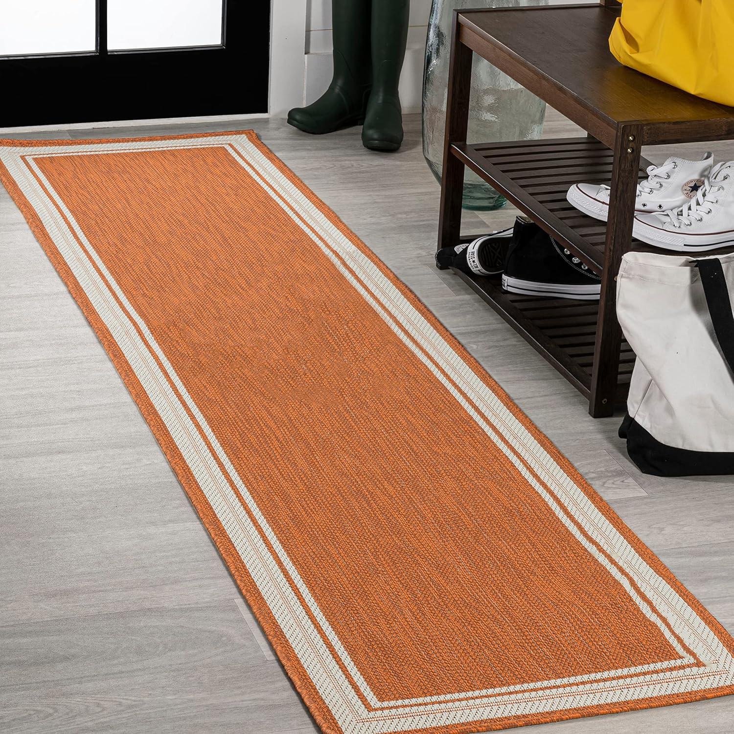 2' x 8' James Modern Border Stripe Indoor/Outdoor Runner Rug, Orange/Cream - JONATHAN Y