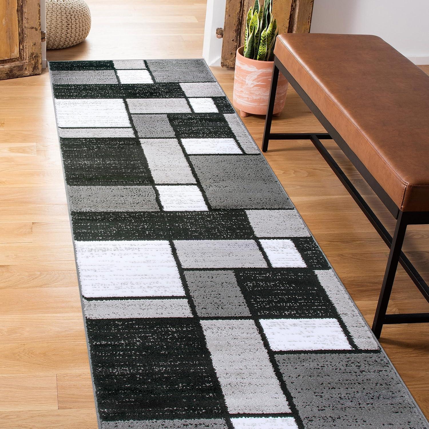 World Rug Gallery Contemporary Modern Boxed Color Block Gray 2'x10' Runner Rug:  Indoor,  Low Pile,  Stain-Resistant,  Area Rugs