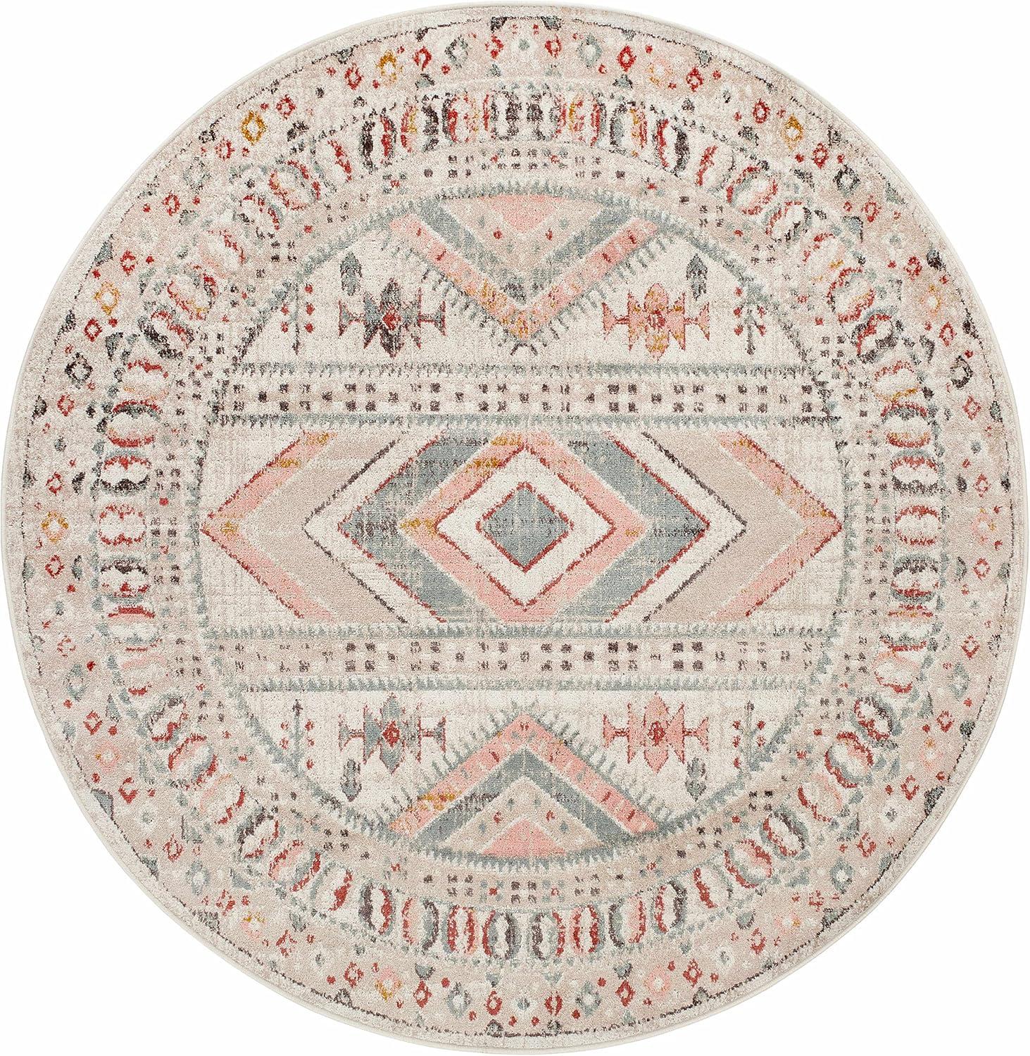 BoutiqueRugs Diem Boho Vintage Colorful Large Area Rug - Farmhouse Traditional Medallion Pink Rug for Bedroom, Dining Room - Pink, Cream, Green, Red, Gray, Yellow - 7'10" x 10'2" (8x10 Area Rug)