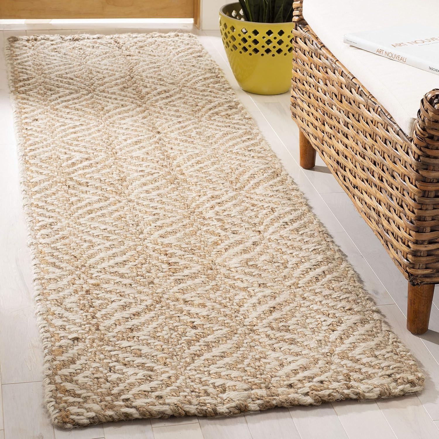 Ivory Geometric Hand-Knotted Jute Runner Rug - 2'6" x 10'