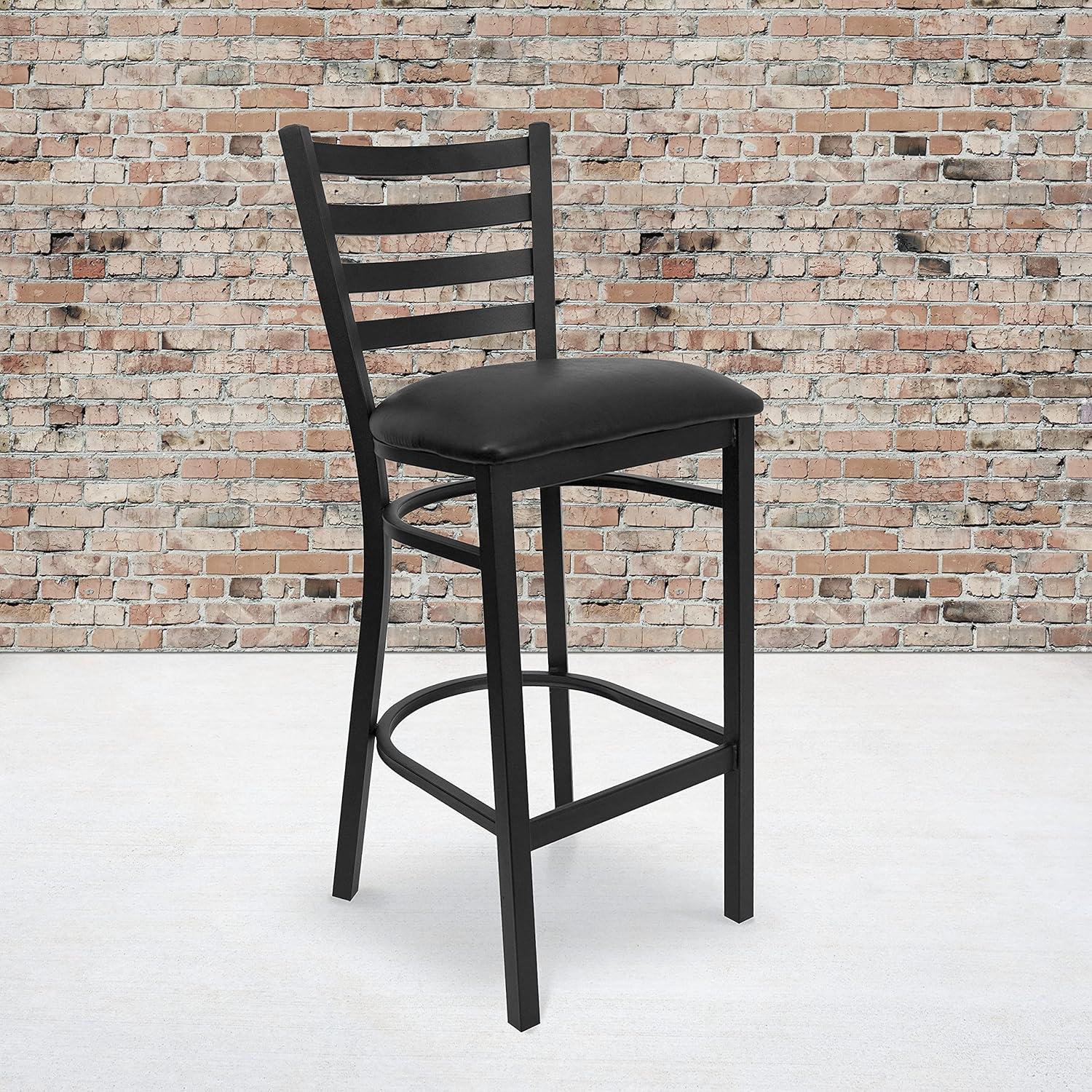 Black Metal Ladder Back Barstool with Vinyl Seat, Set of 2