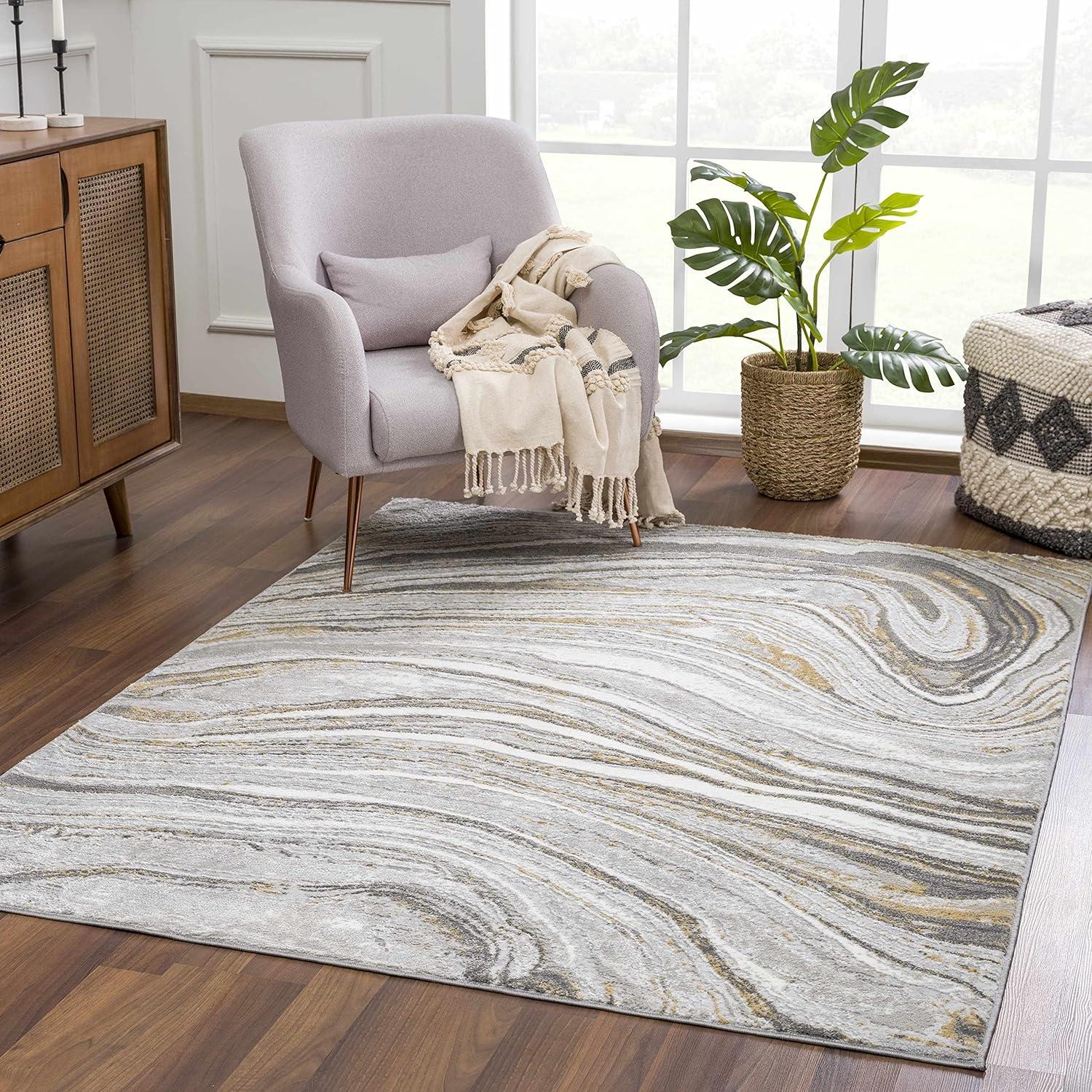 Liverpool Light Gray and Gold Marble Swirl Area Rug