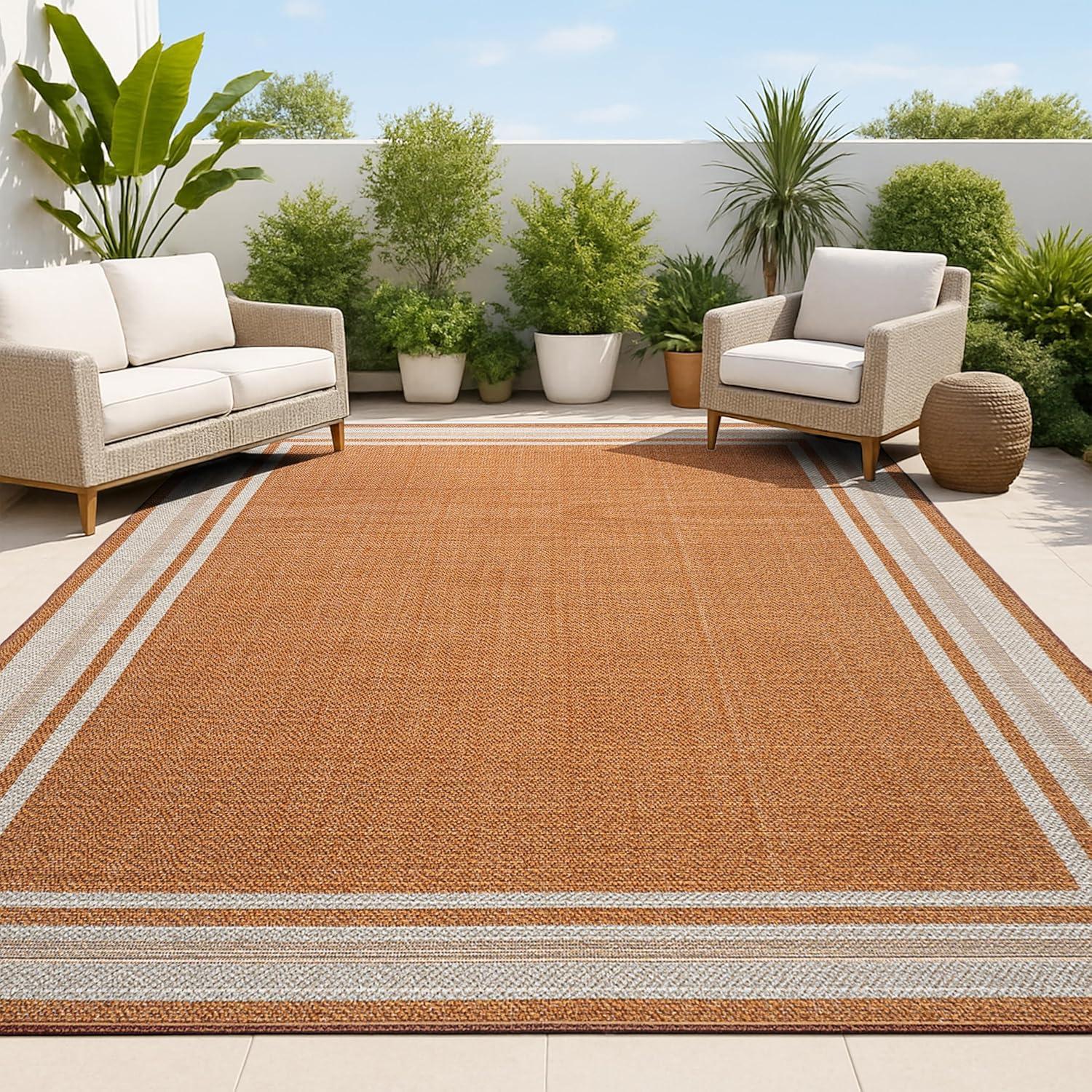 8' x 10' James Modern Border Stripe Indoor/Outdoor Area Rug, Orange/Cream - JONATHAN Y