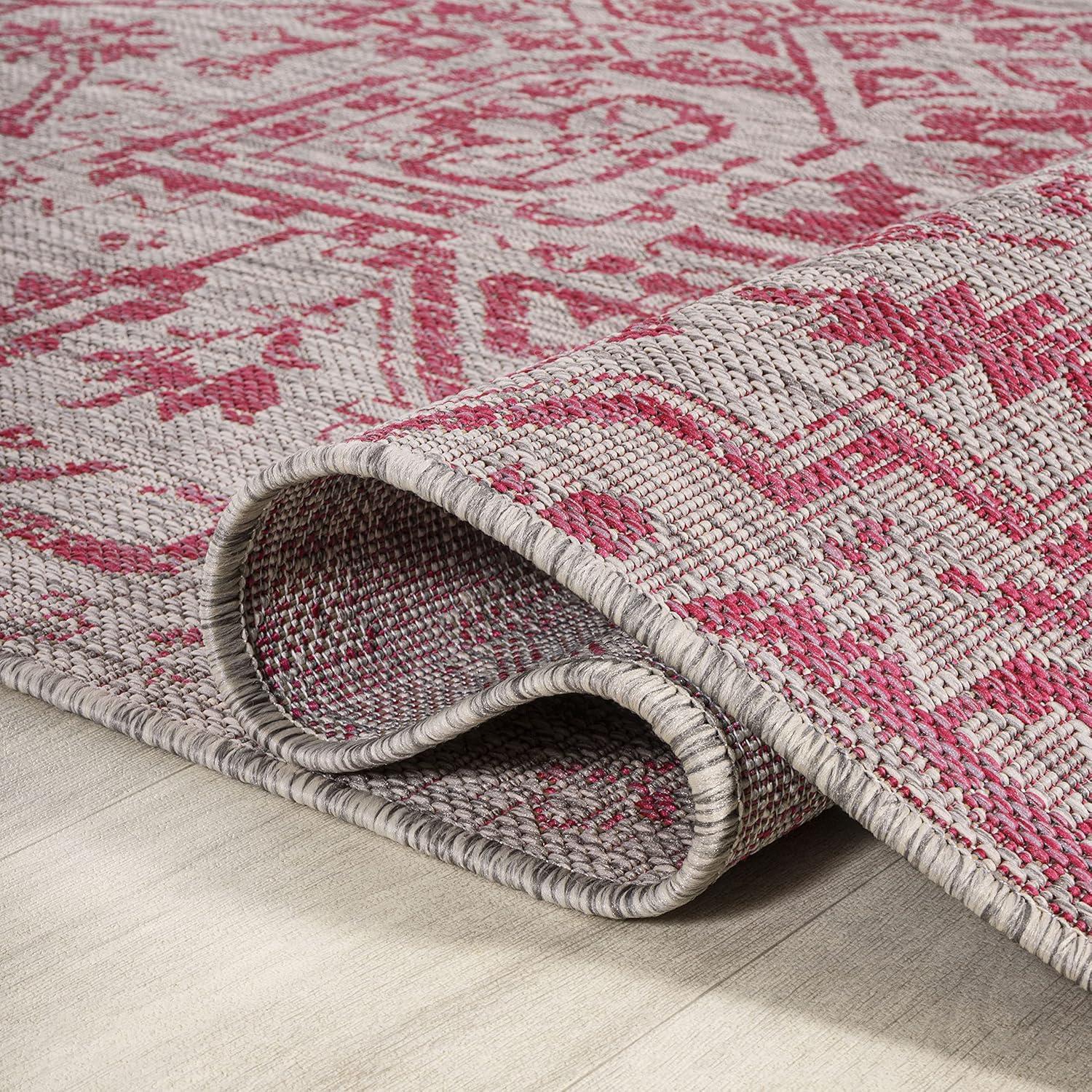 4' x 6' Estrella Bohemian Medallion Textured Weave Indoor/Outdoor Area Rug, Light Gray/Fuchsia - JONATHAN Y