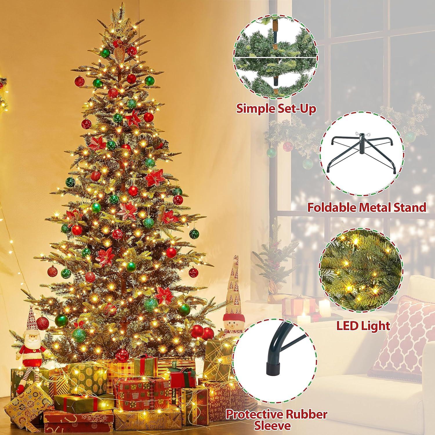 Leeheeyee 7.5Foot Pre-Lit Slim Artificial Christmas Tree，Metal Hinge Xmas Aspen Fir Tree with Warm White LED Lights and Stand, Prelit Foldable Fake Tree for Home Decoration