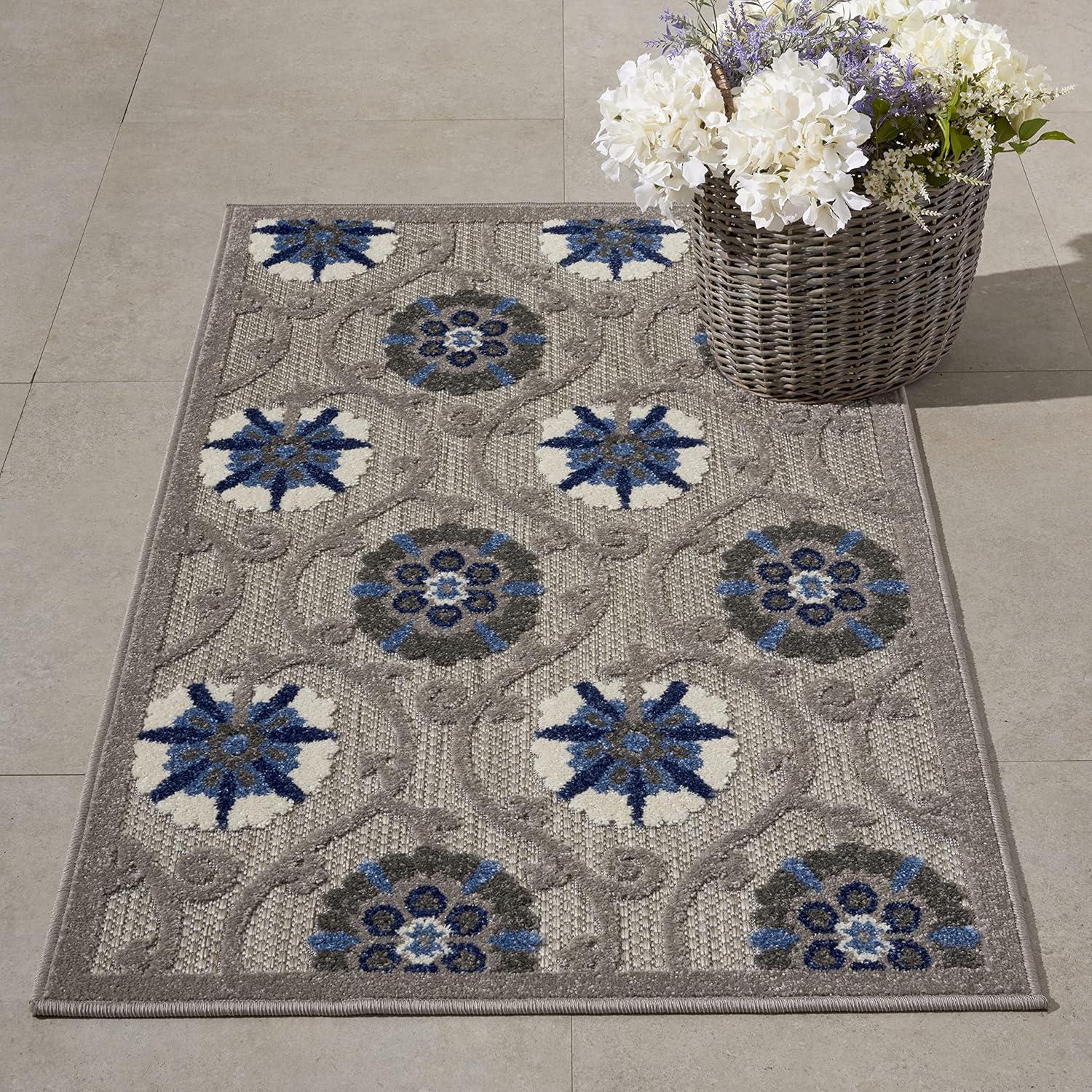 Nourison Aloha Contemporary Floral Flatweave High-Low Indoor Outdoor Area Rug Grey/Blue 2'8" x 4'