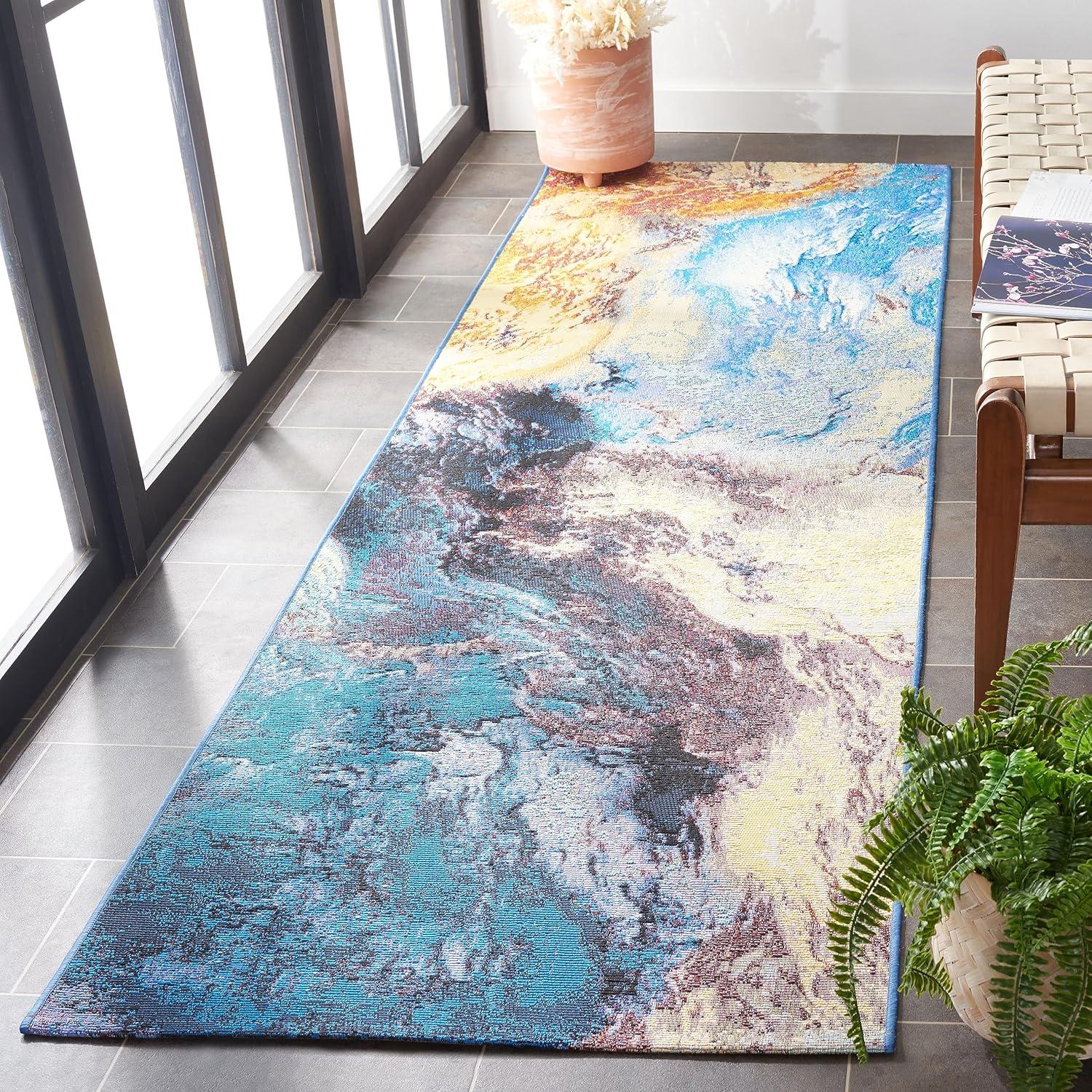 Blue and Rust Abstract Washable Synthetic Runner Rug