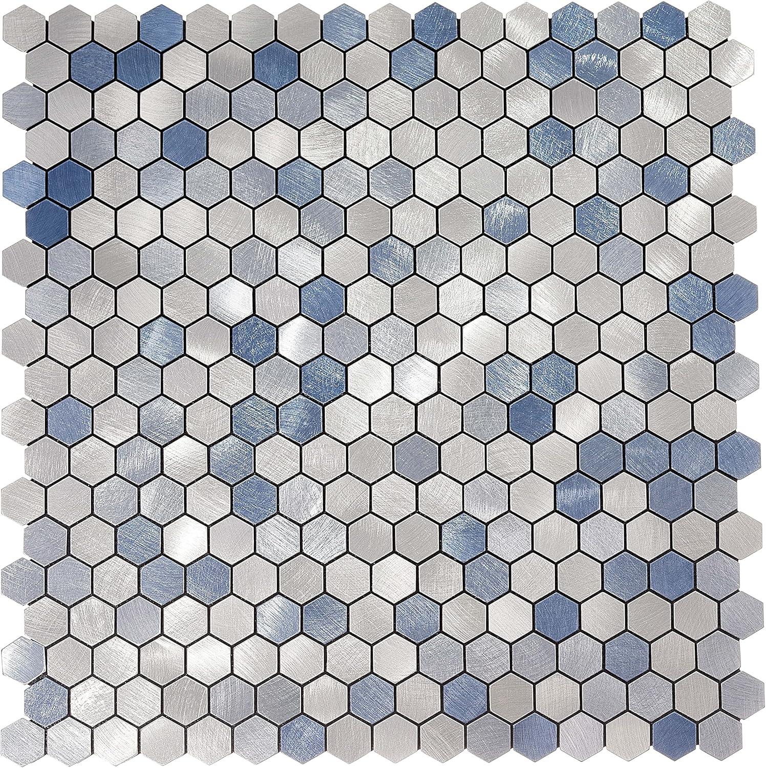 Silver and Blue Aluminum Hexagon Peel and Stick Wall Tiles