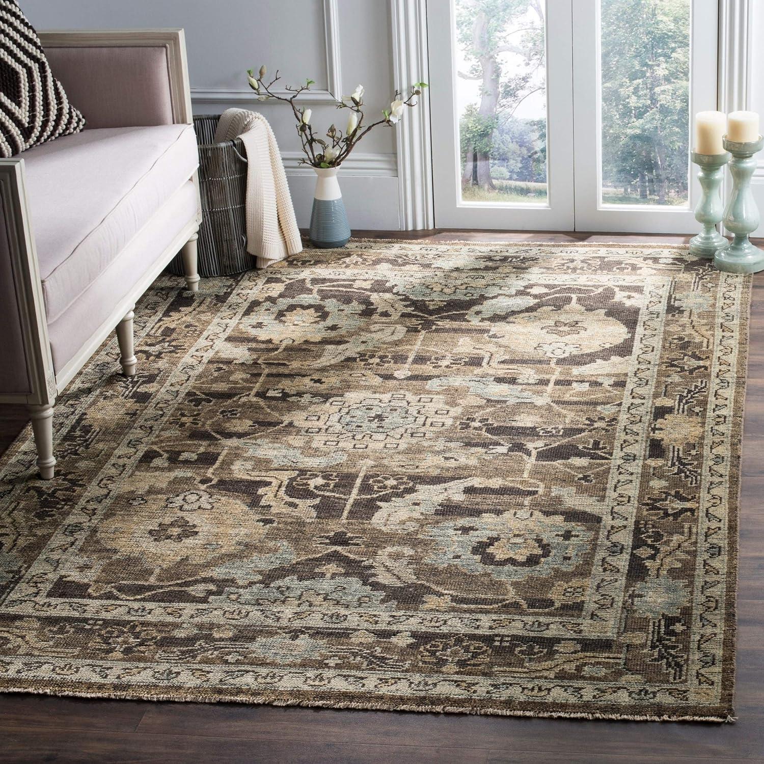 Hand-Knotted Brown Wool Floral Motif 6' x 9' Area Rug