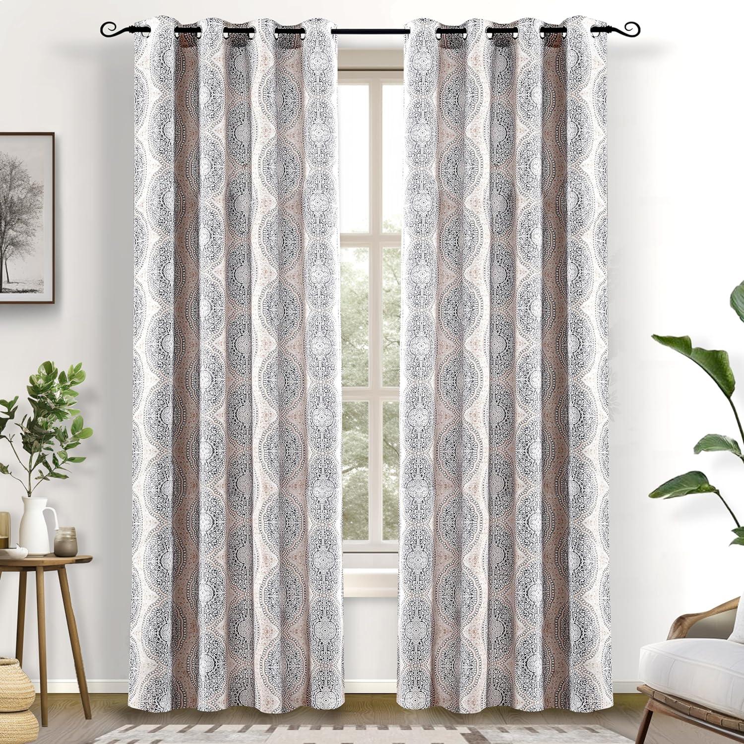 Beige and Gray Damask Room Darkening Grommet Curtains, 84"