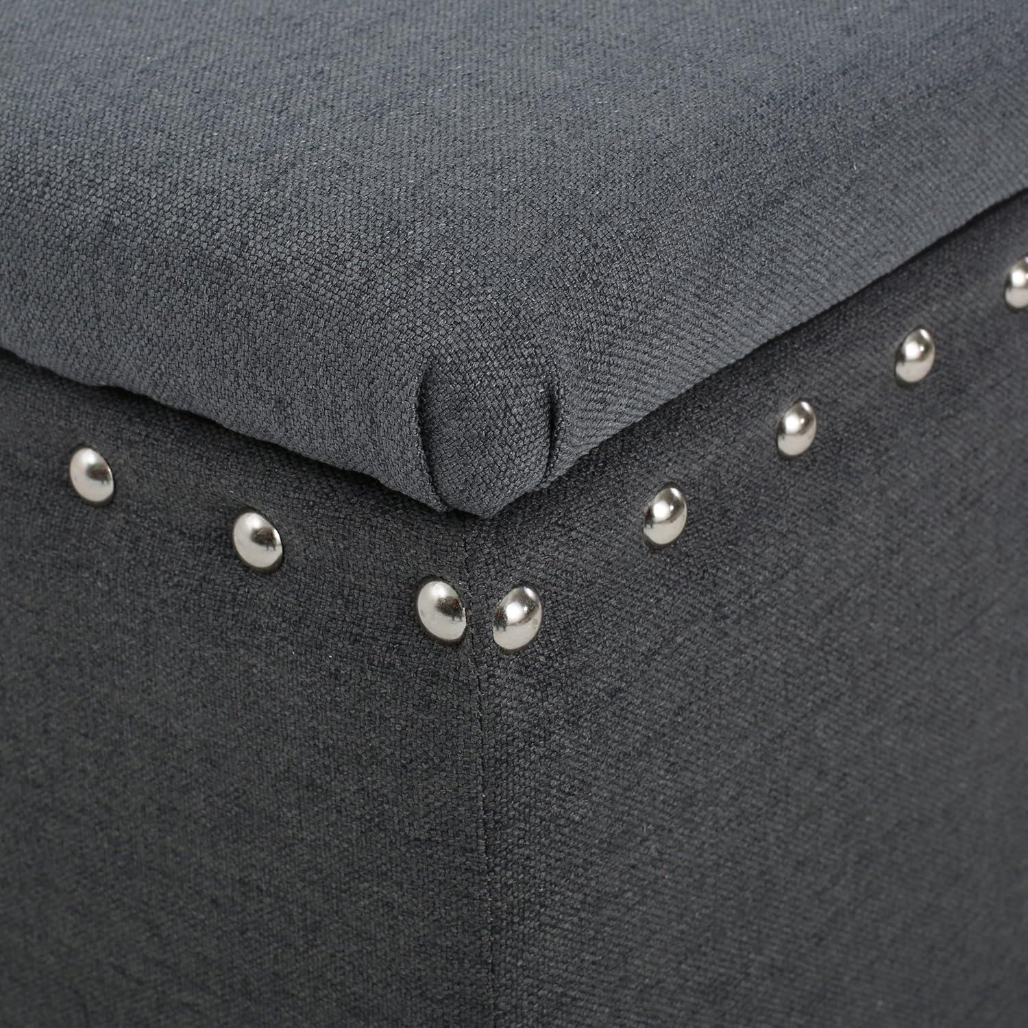 Evvy Charcoal Velvet Storage Ottoman with Nailhead Accents