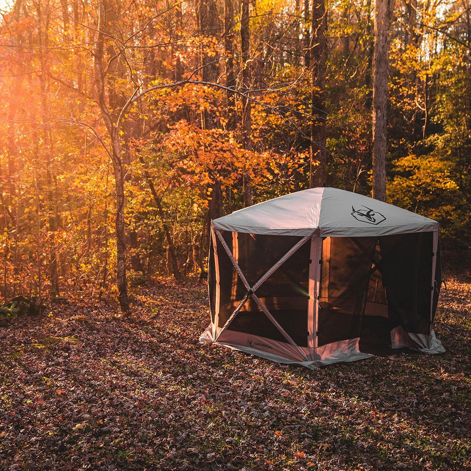 Gazelle Tents G6 8 Person 12 by 12 Pop Up 6 Sided Portable Hub Outdoor Gazebo Screen Canopy Tent with Large Main Door and Screens, Desert Sand