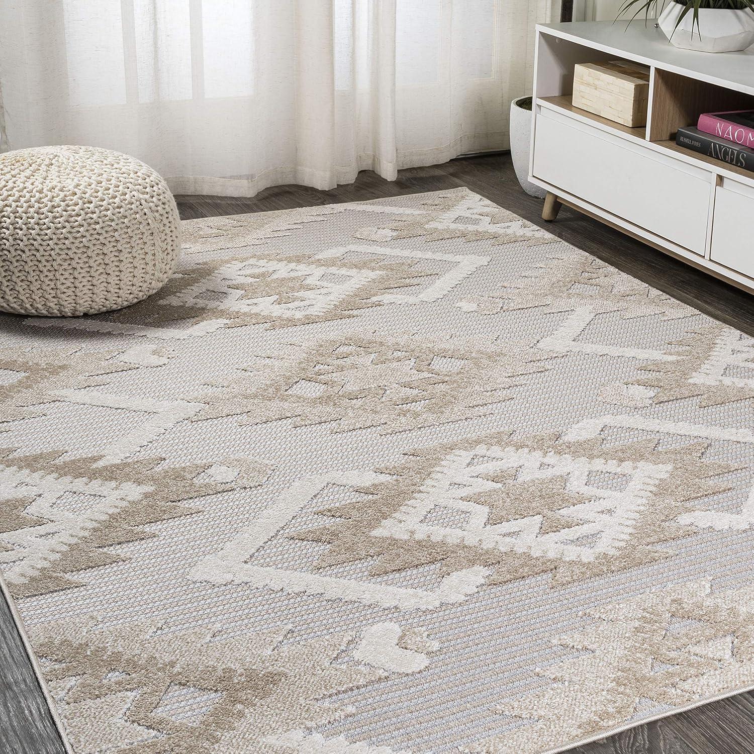 3'x5' Sumak High-Low Pile Neutral Diamond Kilim Indoor/Outdoor Area Rug, Beige/Gray - JONATHAN Y