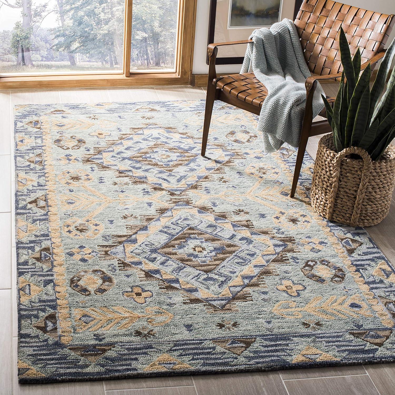 Boho Chic Blue & Beige Hand Tufted Wool Area Rug - 4' x 6'