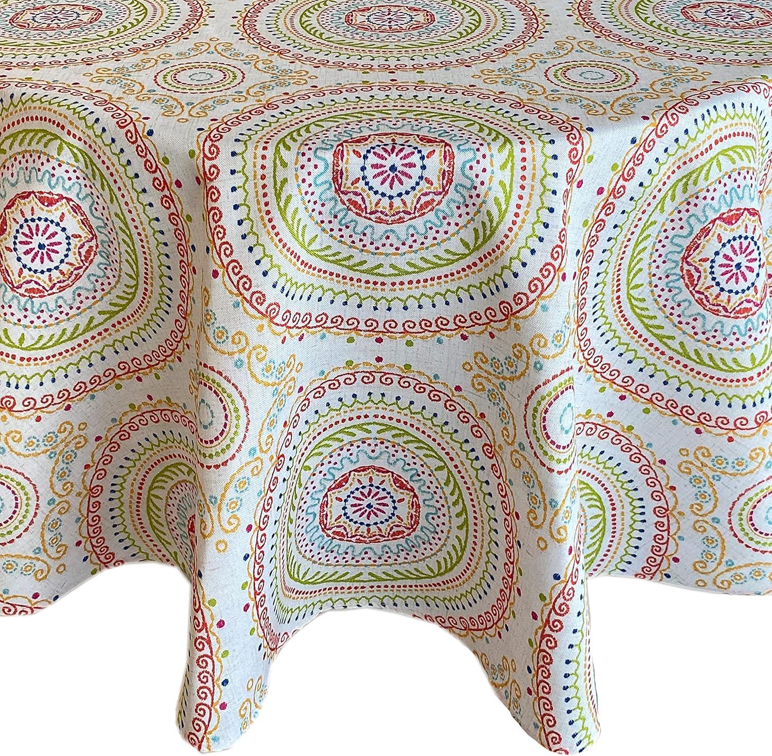 Newbridge 70 Inch Round Fabric Tablecloth, Coral and Green Circle Stitch, Indoor Outdoor No Iron Soil Resistant Dining Room, Party and Banquet Table Cover, Modern Boho Chic Print